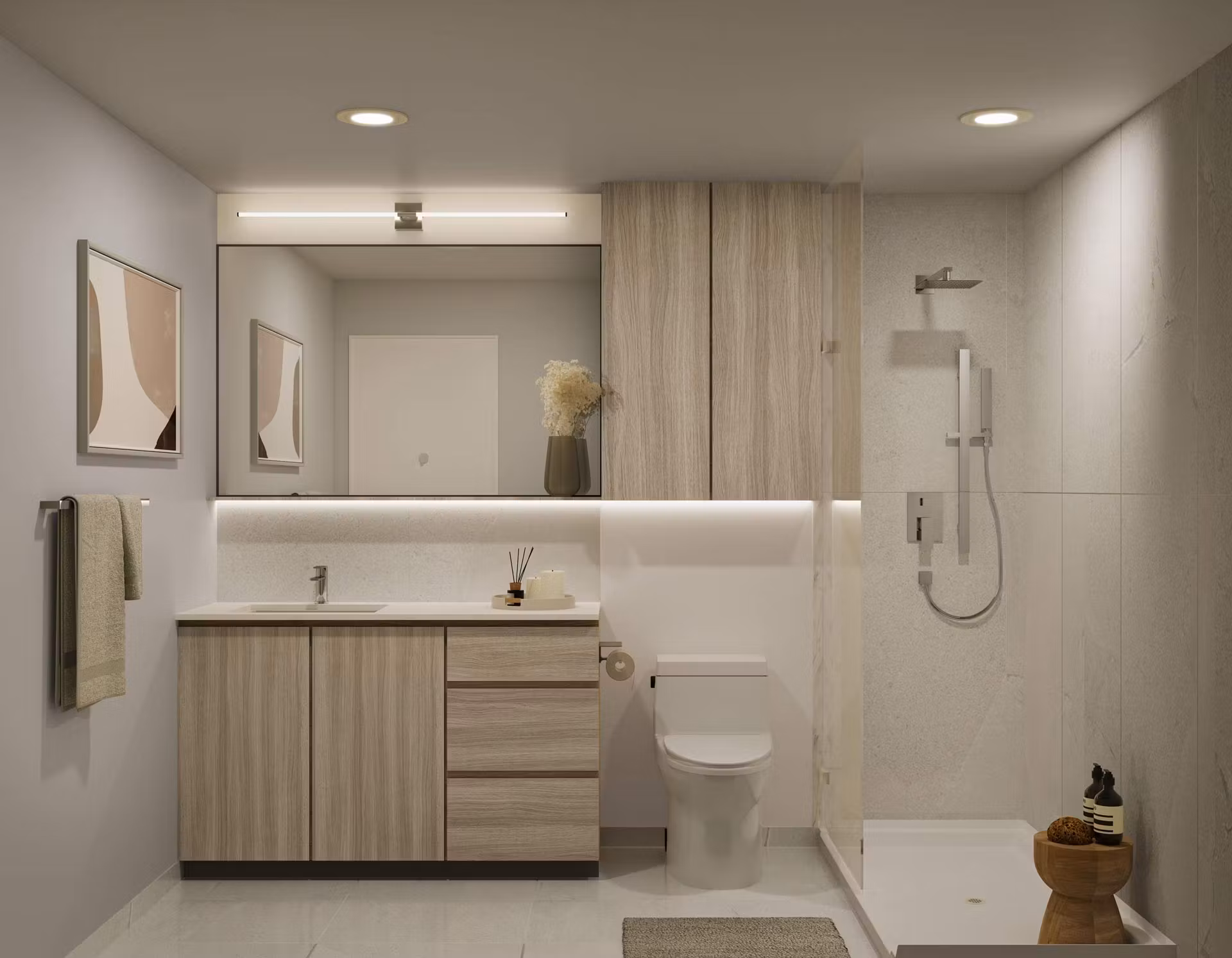 Queens – Bathroom with a wood vanity, large mirror, freestanding toilet, and a glass-enclosed shower.