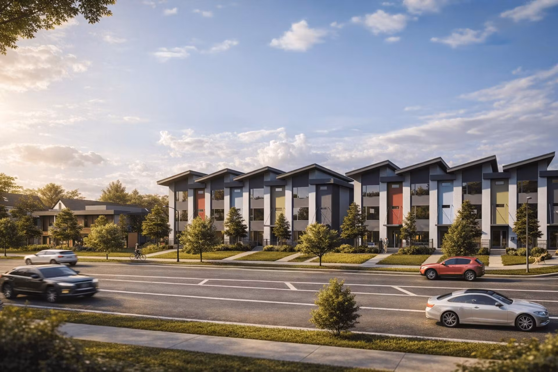Queens – Street-level view of a row of modern townhomes with colorful accent doors in red, green, and blue.