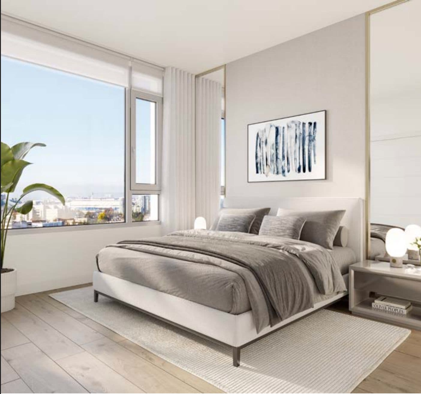 Park Residences II – Bedroom with a grey upholstered bed, patterned artwork above the headboard, a large window with city views, a potted plant, and a nightstand with a lamp.