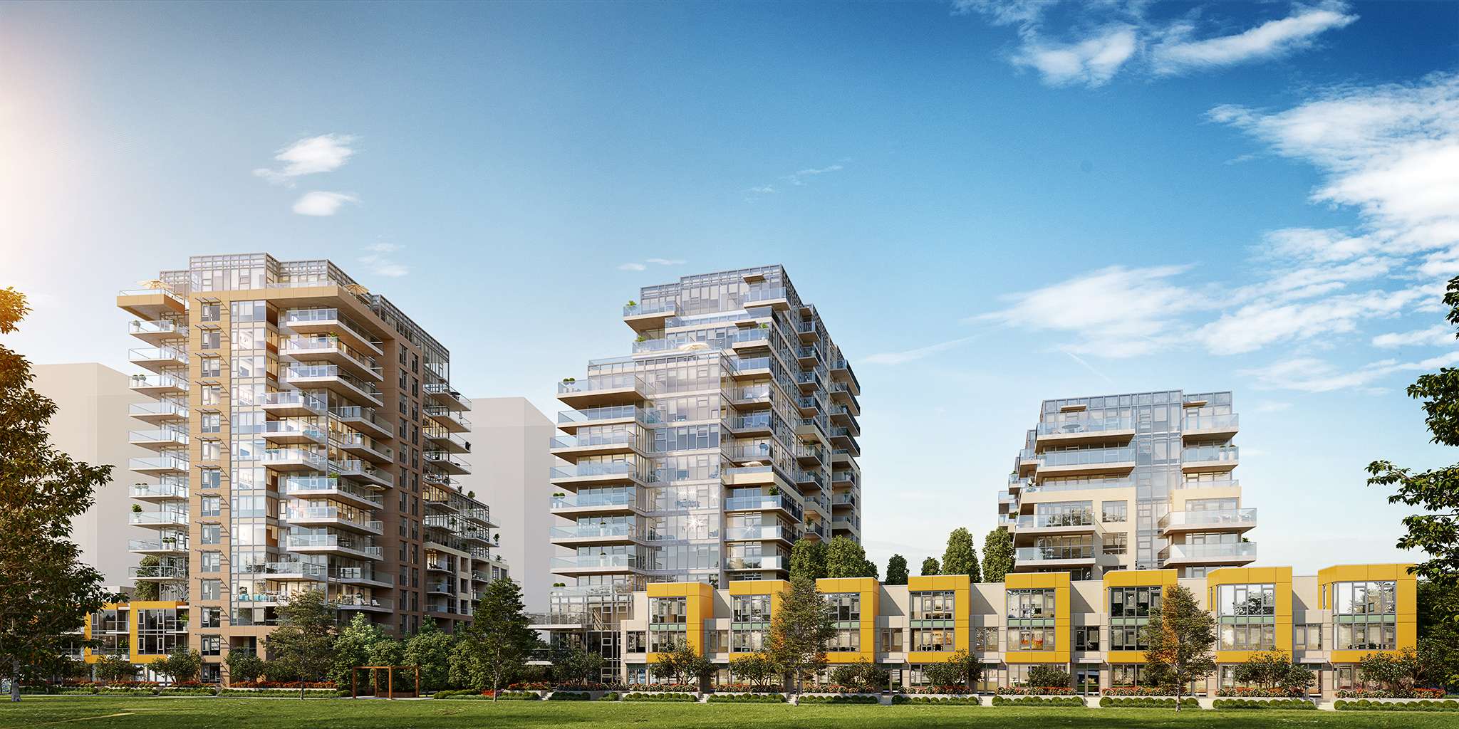 Park Residences II – Rendering of three modern high-rise towers with glass balconies and mixed brown/white cladding, above a row of yellow and grey townhomes, set behind a green lawn.
