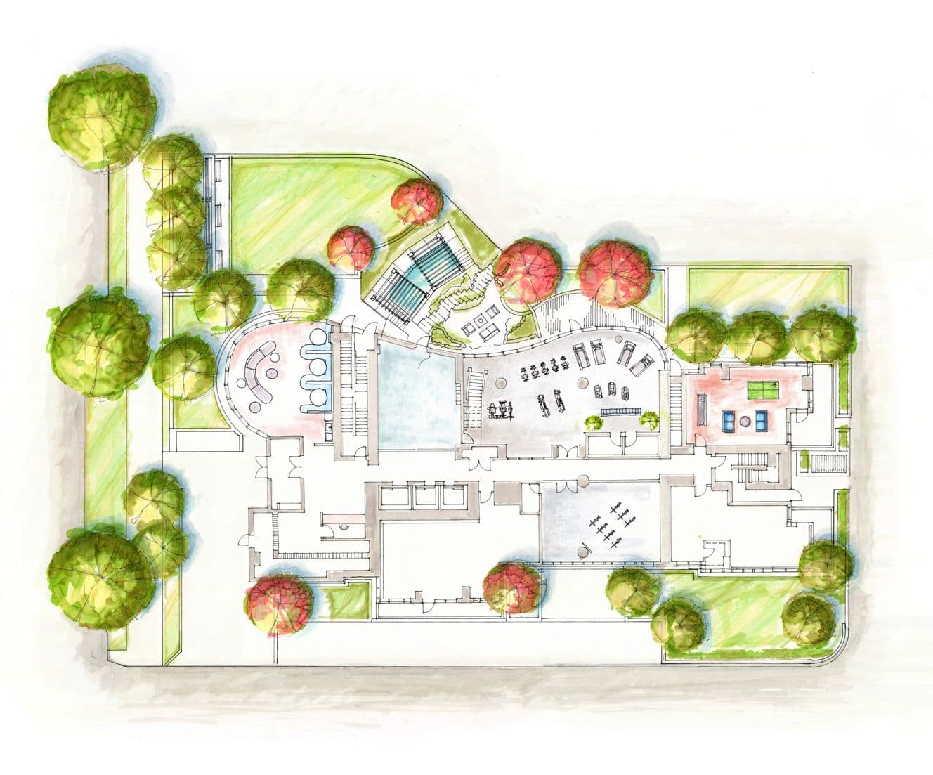Perla Condos – A hand-rendered overhead masterplan/site drawing of an amenity level showing a pool, spa loungers, gym area, and a tennis or sport court surrounded by trees.