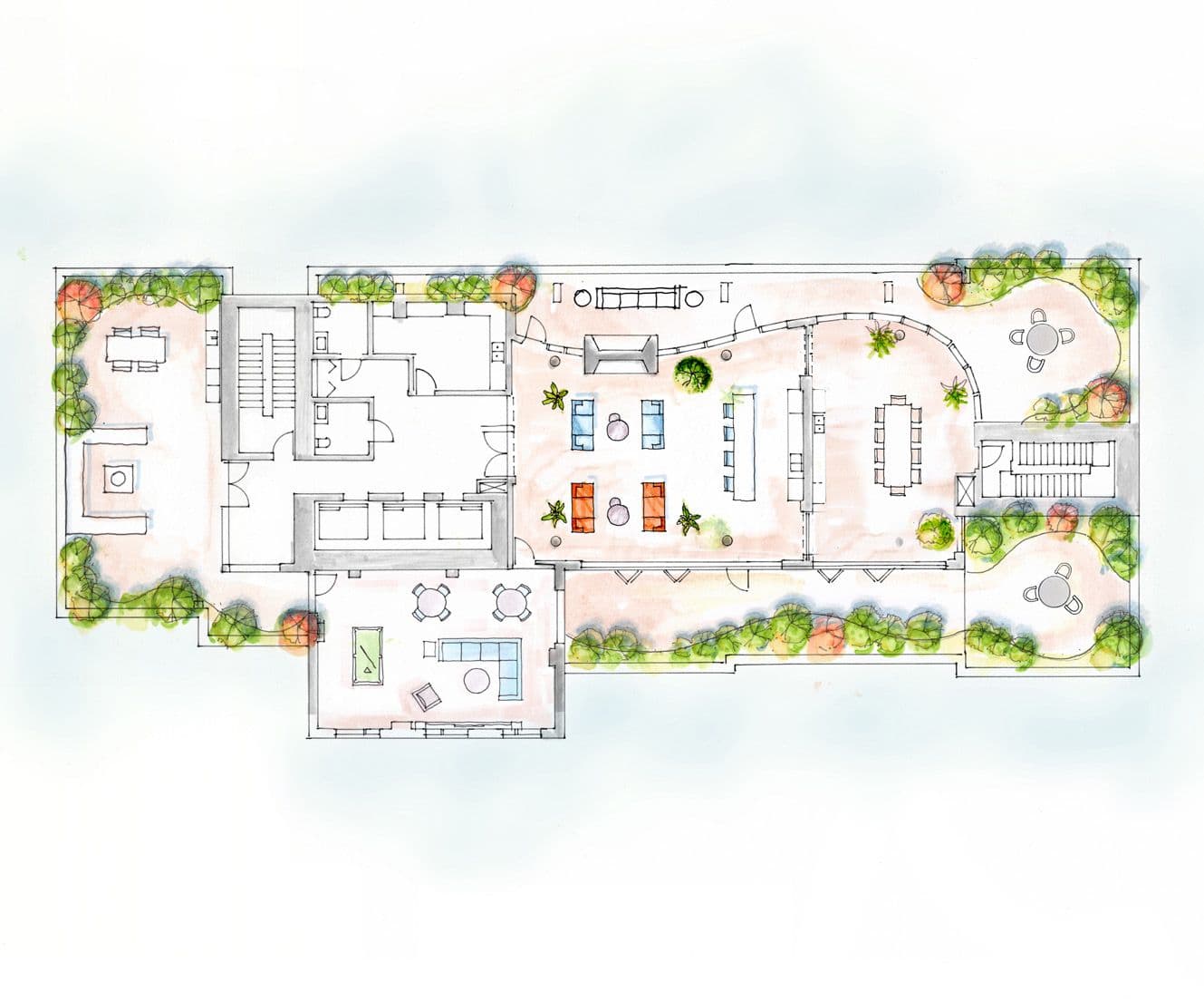 Perla Condos – A hand-rendered overhead floor plan of an indoor/outdoor lounge and dining amenity space with furniture layout and landscaped courtyards on either side.
