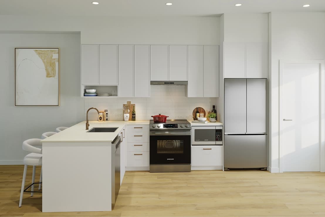 Samer – Rendering of a white kitchen with an island, stainless steel range and refrigerator, and wood accent shelving.
