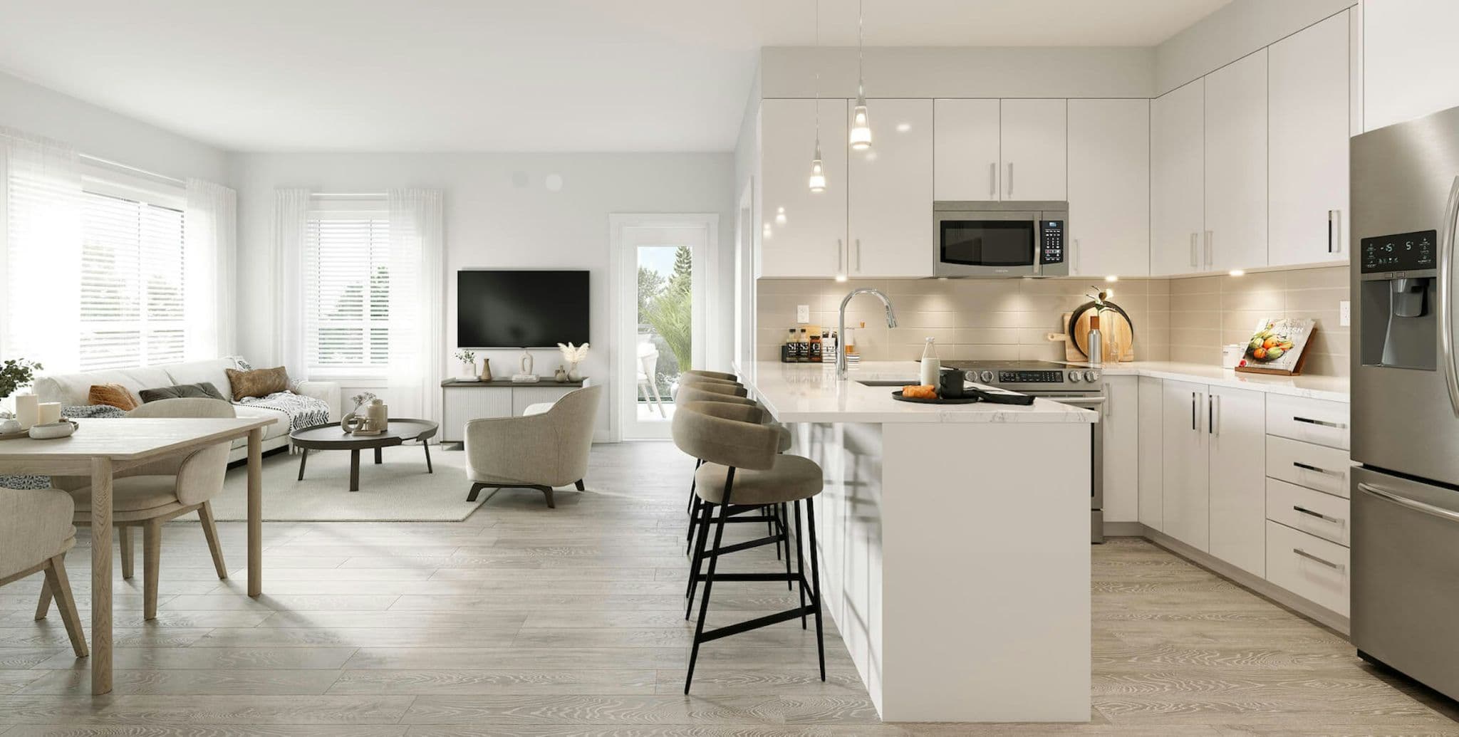 Jacob – Open-concept kitchen, dining, and living room rendering with white cabinetry, stainless steel appliances, a large island with bar stools, and a connected living area.