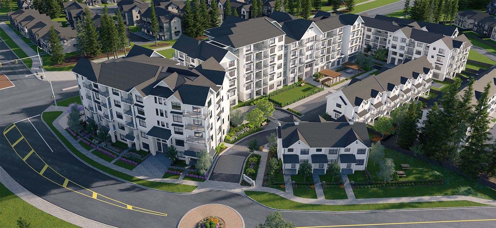 Southaven – Aerial rendering of a mixed-use development with mid-rise apartment buildings, rowhomes, and a roundabout entrance, surrounded by trees.