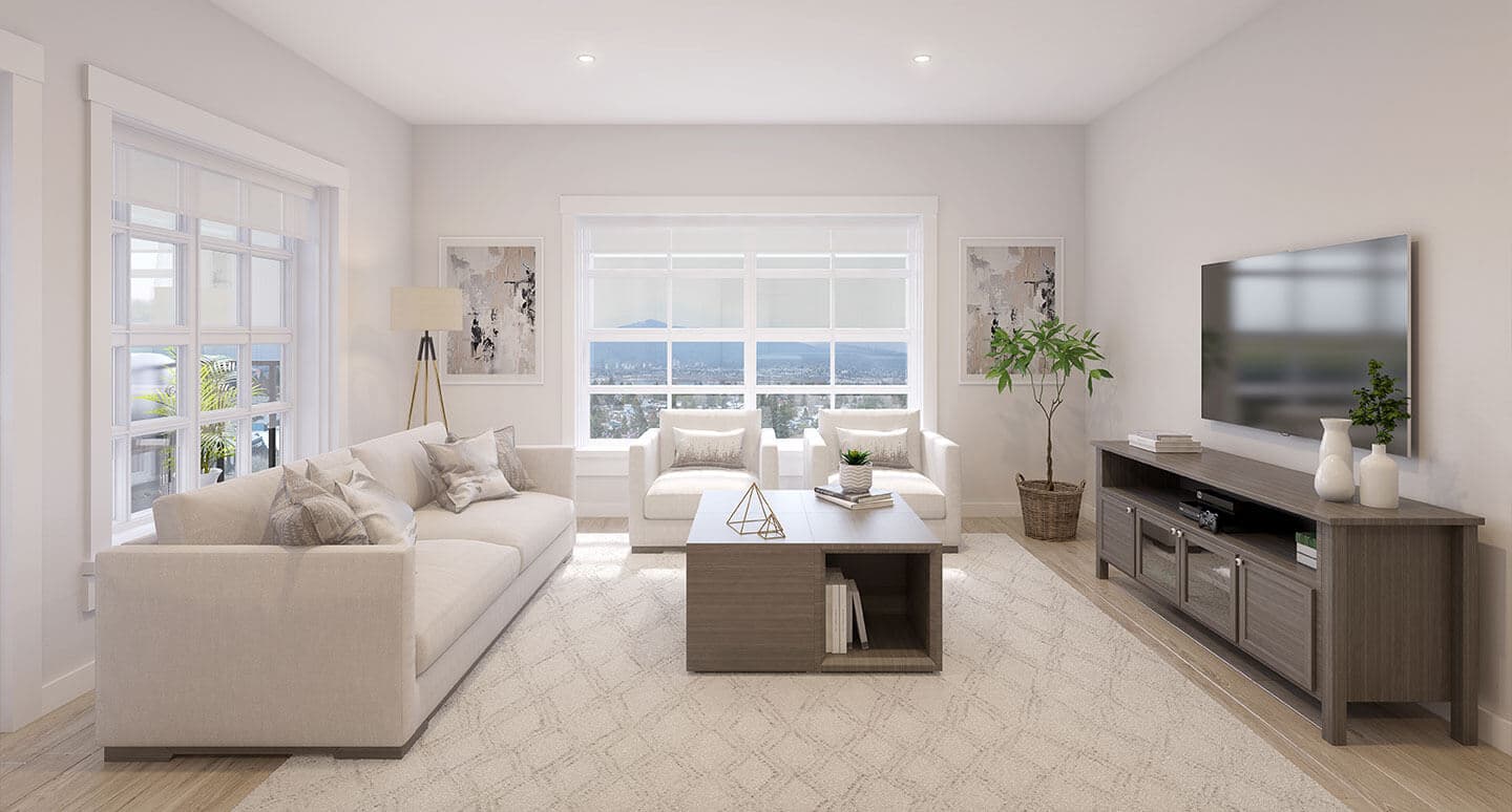 Brickwater – Living room with white sofas, a wood coffee table, and a large window showing a valley view.