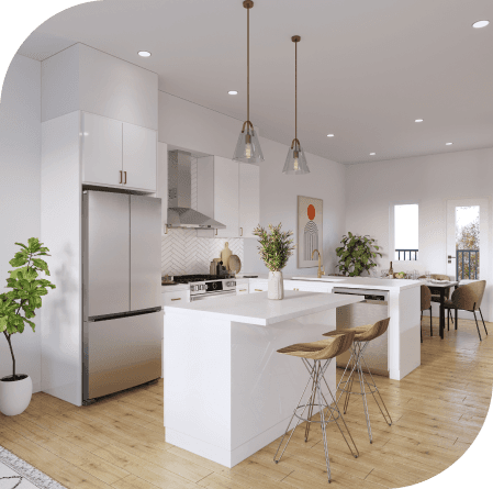 Havenwood in Sullivan – Modern white kitchen with a waterfall-edge island, stainless steel fridge, pendant lighting, and a dining nook in the background.