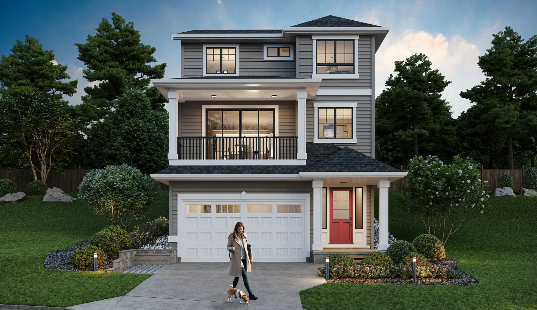 Blacktail – A rendering of a three-story contemporary home featuring grey horizontal siding, white trim, a striking red front door, and a second-floor covered balcony. A woman walks a small dog down the paved driveway in front of the integrated garage, surrounded by landscaped greenery and tall evergreen trees.