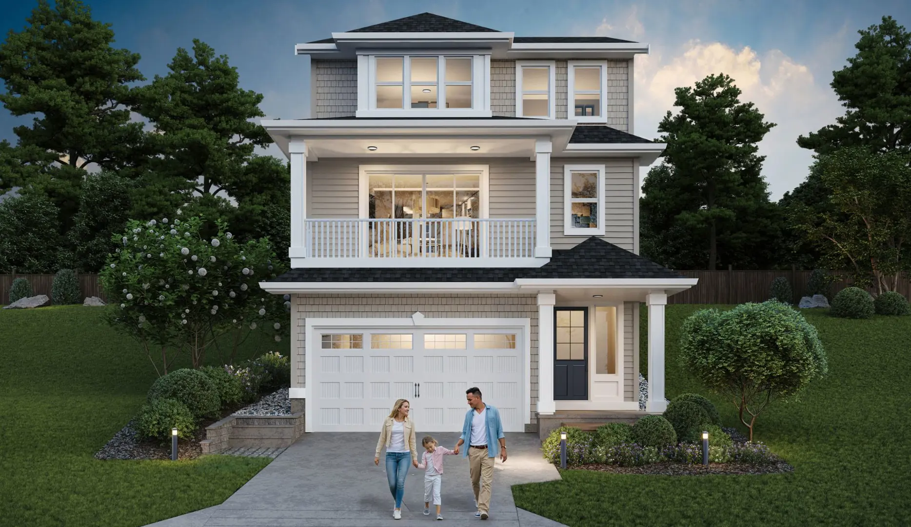 Blacktail – An architectural rendering of a three-story single-family home featuring light grey shingle siding, white trim, a second-floor covered balcony, and an attached garage. A family of three walks down the concrete driveway bordered by manicured sloping lawns, landscaped garden beds, and illuminated pathway lights at dusk.
