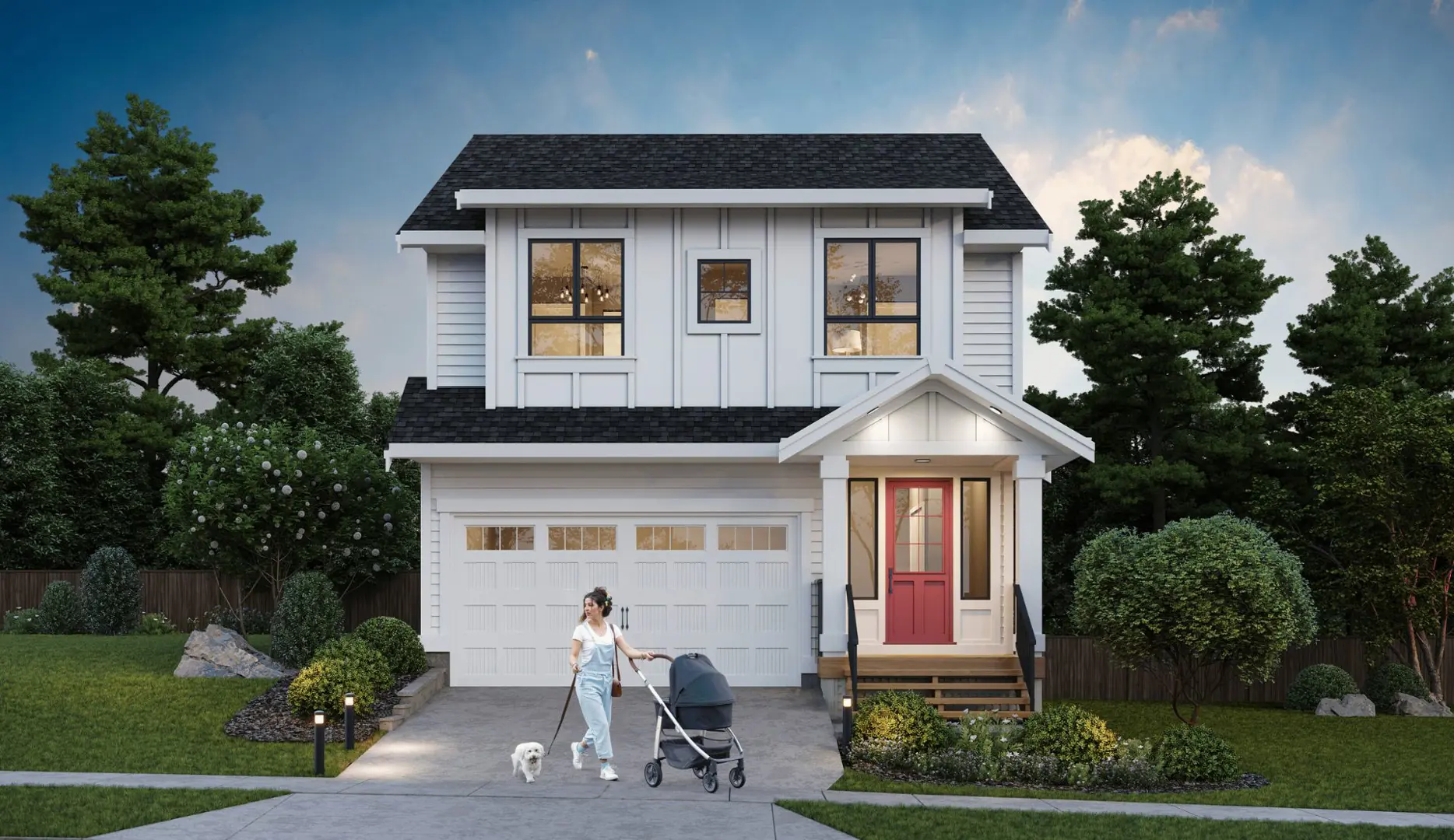 Blacktail – A straight-on exterior rendering of a two-storey single-family home featuring crisp white siding, board-and-batten accents, a dark gable roof, and a coral-red front door. A paved driveway leads to an attached garage, where a woman is walking a small dog and pushing a baby stroller past manicured landscaping at twilight.