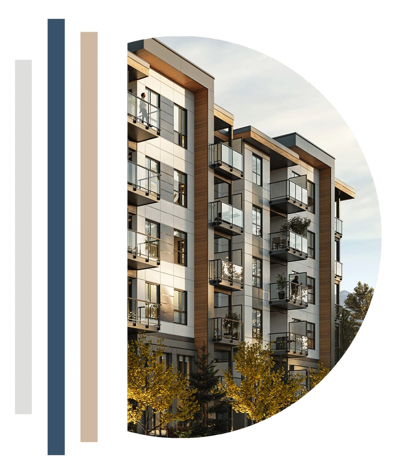 Gabriel – Close-up rendering of a modern condo building corner with glass balconies, wood soffit accents, and a person standing on an upper-floor balcony.