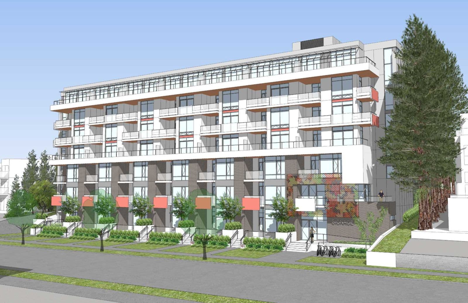 Red Maple Residences – Colored rendering of a mid-rise residential building with townhouse-style street entries and balconies above.