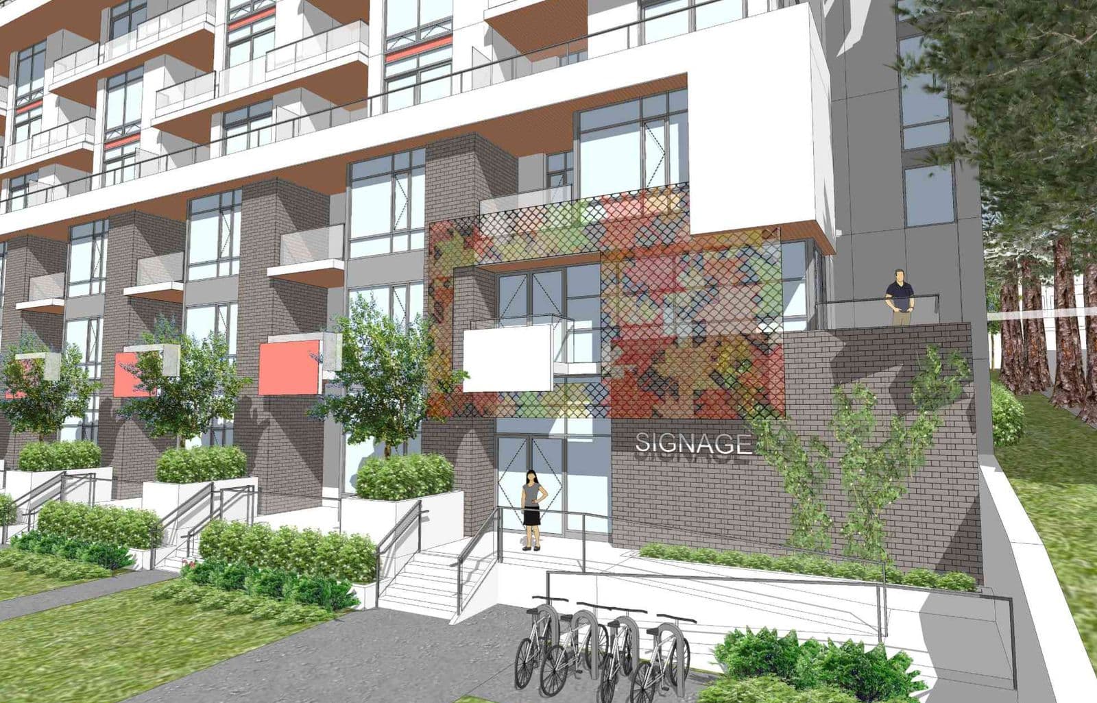 Red Maple Residences – Close-up rendering of the building's entrance with signage, brick facade, and a decorative screen feature.
