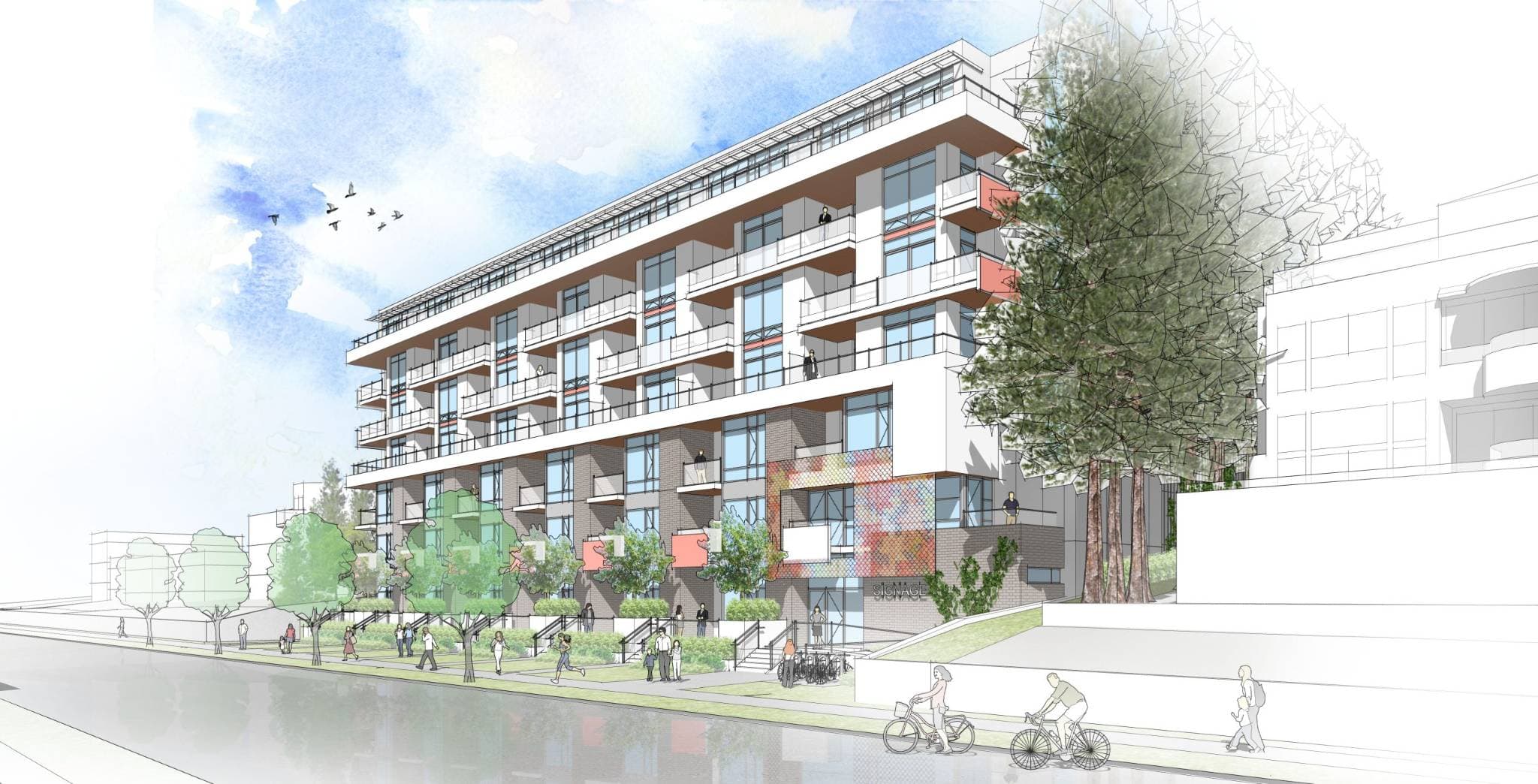 Red Maple Residences – Watercolor-style architectural rendering of the same building along a tree-lined street with cyclists and pedestrians.
