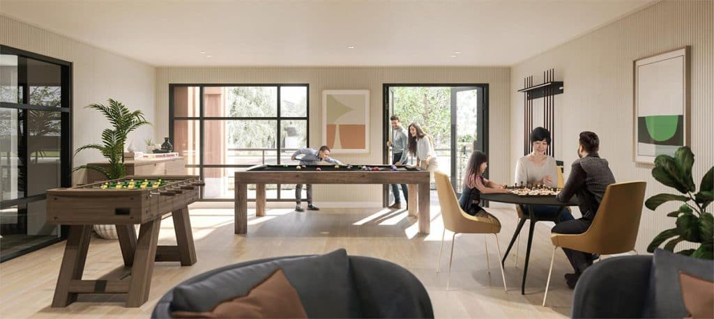 The Oaks Phase 3 (Willow) – A games and lounge room with a pool table, foosball table, and a chess table, opening onto an outdoor balcony.