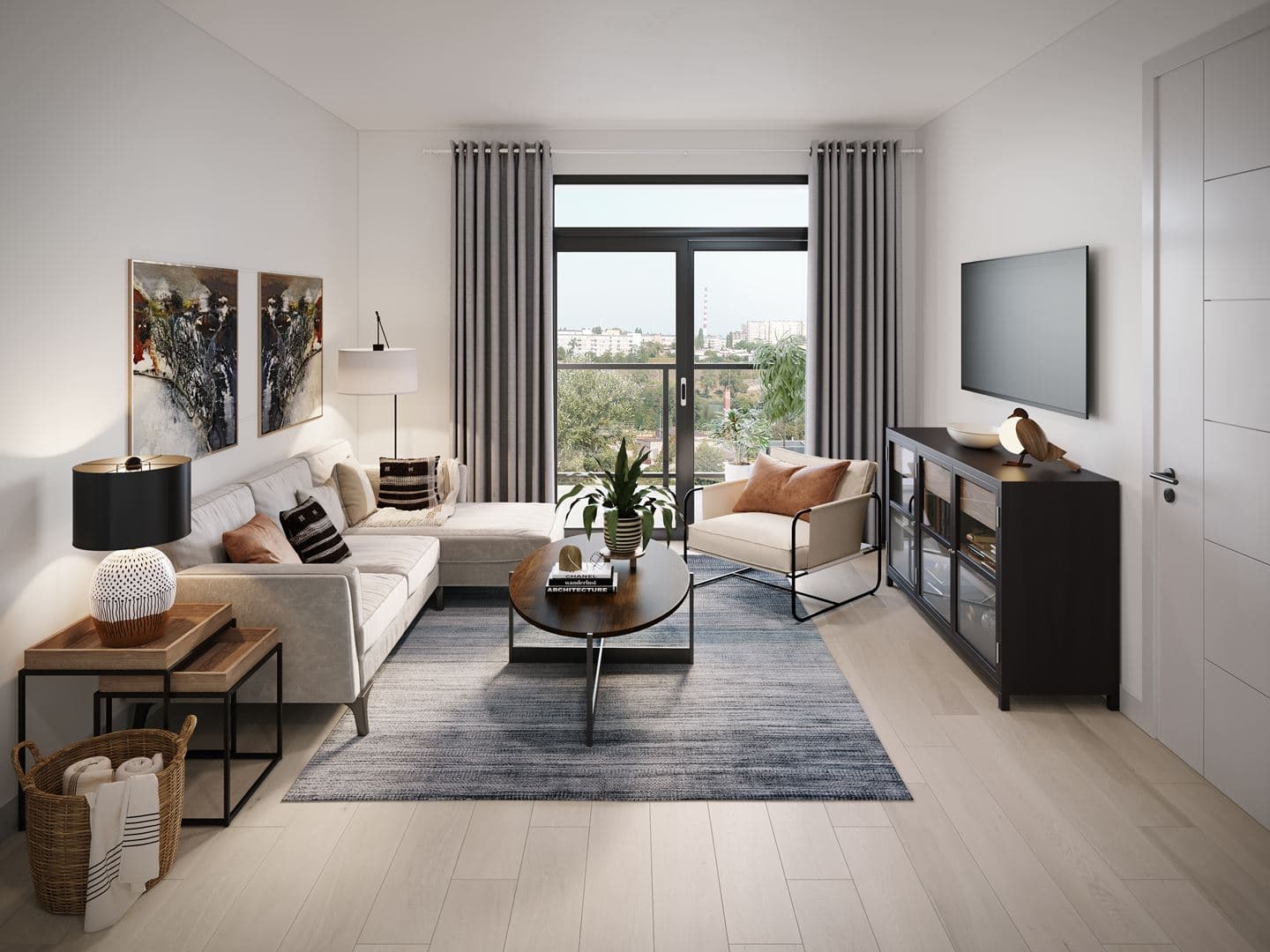 Linc Condos – This bright, modern living room features light hardwood floors, a beige sectional sofa, a dark wood coffee table, and a blue area rug under soft ambient lighting. Large glass doors framed by full-length grey curtains open to a private balcony offering views of greenery and a distant skyline.