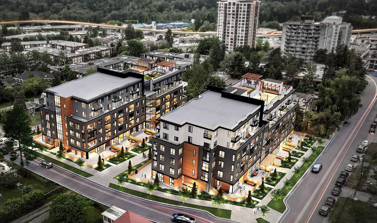 Linc Condos – An aerial rendering showcases two modern mid-rise residential buildings featuring dark grey cladding, warm wood accents, and active rooftop lounge terraces. Landscaped ground-level courtyards and paved streets frame the development, set against a background of dense trees and suburban high-rises under bright daylight.