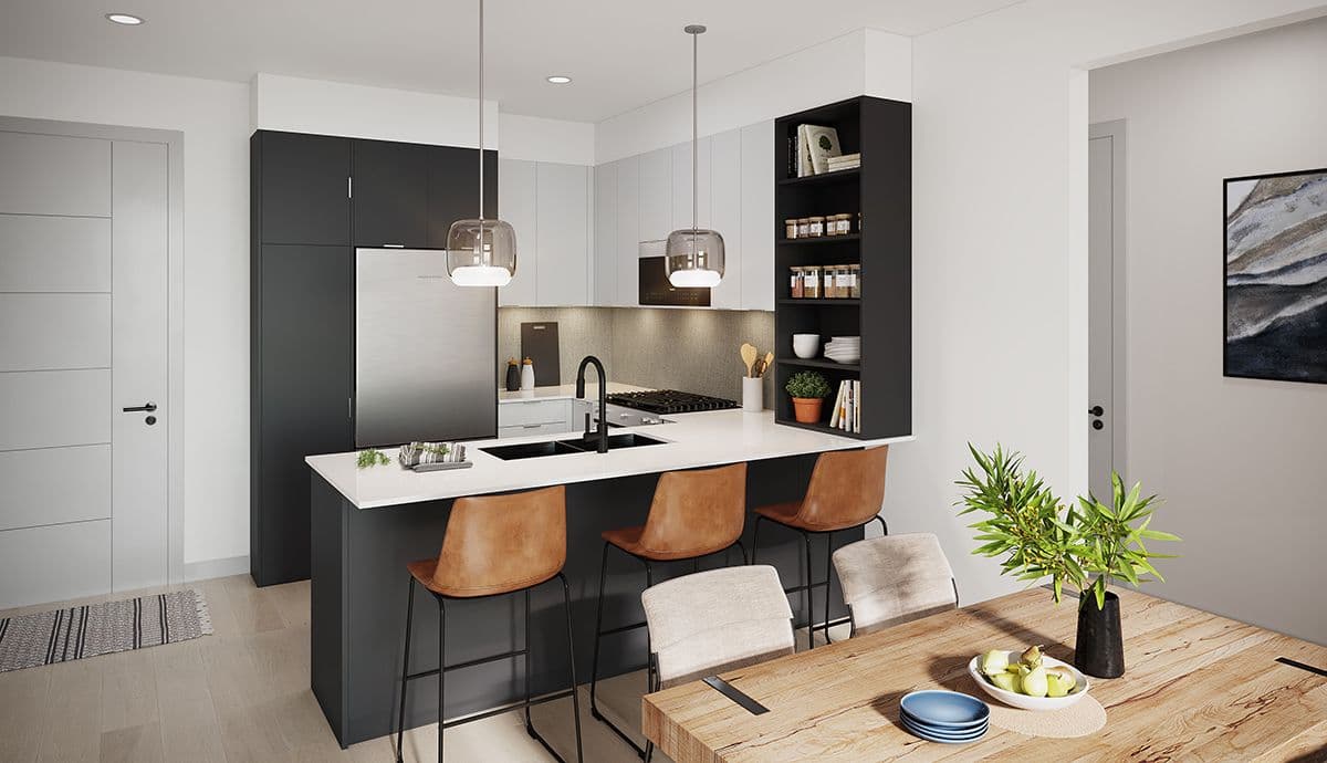 Linc Condos – A modern open-concept kitchen features dark charcoal cabinetry paired with white uppers, a white quartz island with cognac leather barstools, and dual glass pendant lights. An adjacent wooden dining table in the foreground adds warmth to the sleek, brightly lit contemporary space.