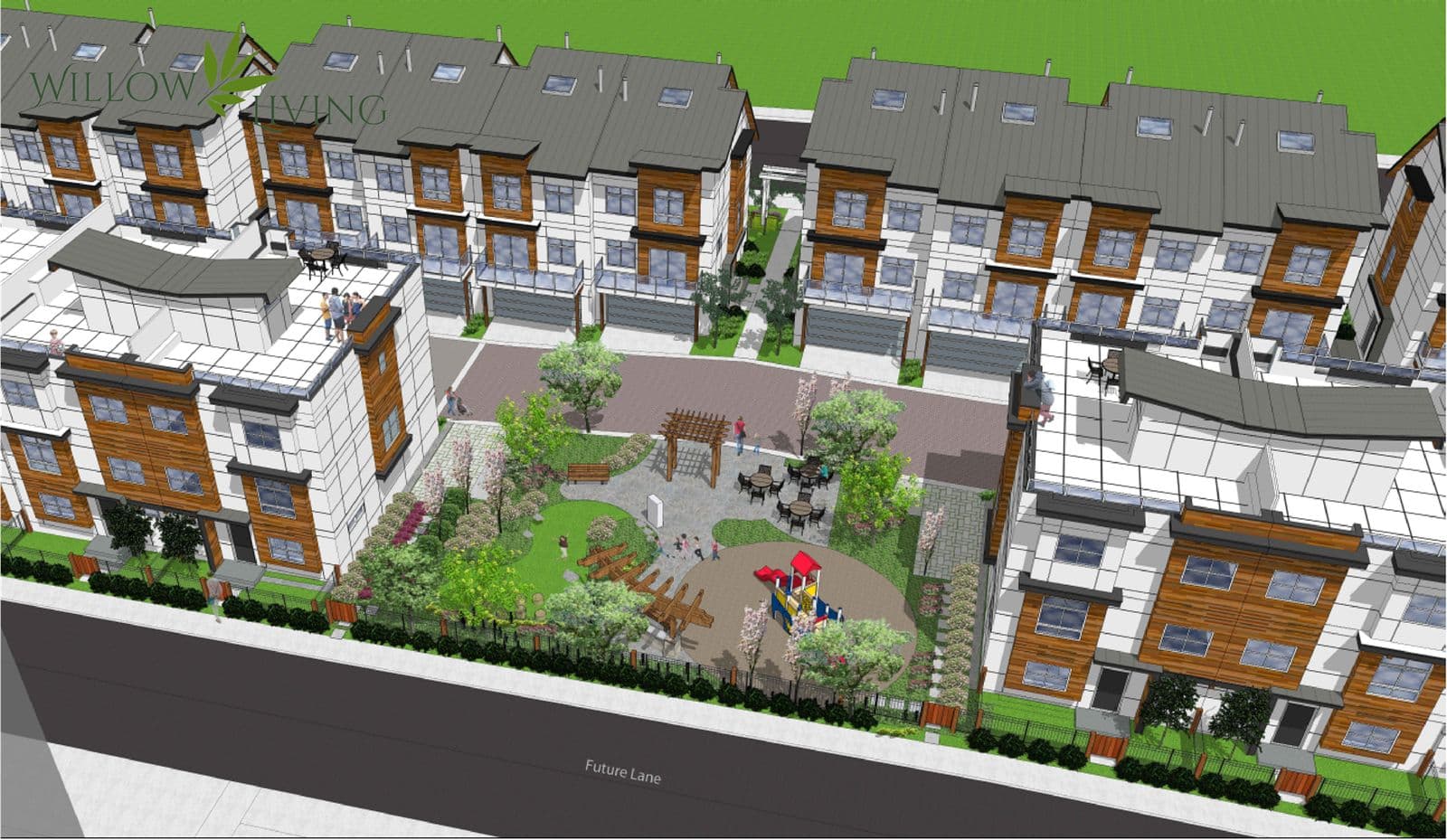 Willow Living – 3D masterplan rendering viewed from above showing rows of townhome buildings around a central courtyard with a pergola and playground, labeled 'Willow Living'.