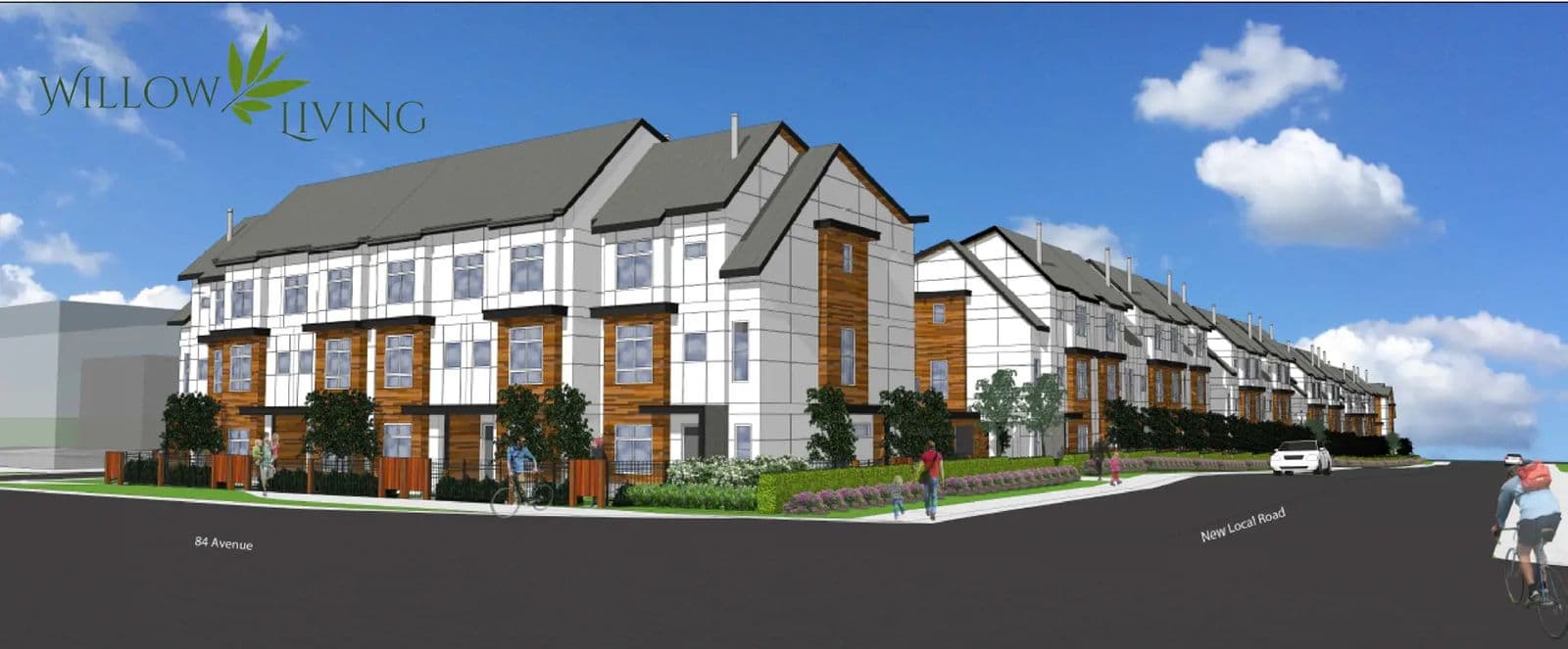 Willow Living – Street-level rendering of a row of white and wood-accented townhomes labeled 'Willow Living' along a new local road, with pedestrians and a cyclist.
