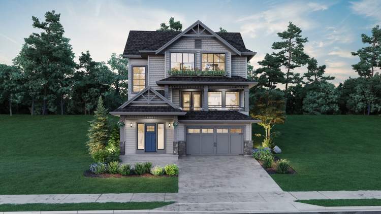 Nelson & Grove – Grey-toned two-storey craftsman home at dusk with stone accents, a blue front door, and an attached double garage.