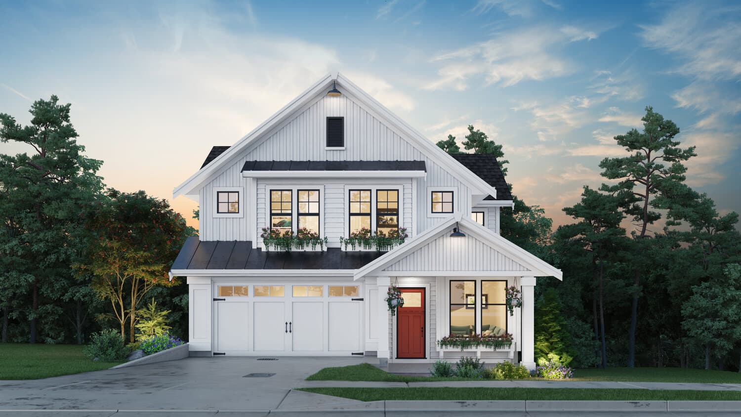 Nelson & Grove – Two-storey white farmhouse-style home at dusk with a red front door, attached two-car garage, and landscaped front yard.