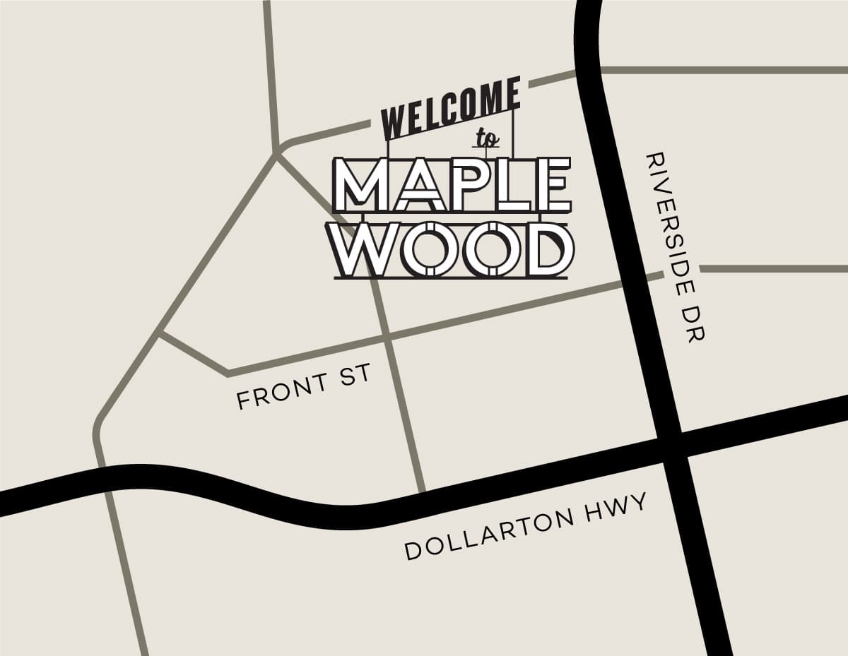 Maplewood Gardens – Graphic location map labeled 'Welcome to Maplewood' showing nearby streets including Front St, Riverside Dr, and Dollarton Hwy.