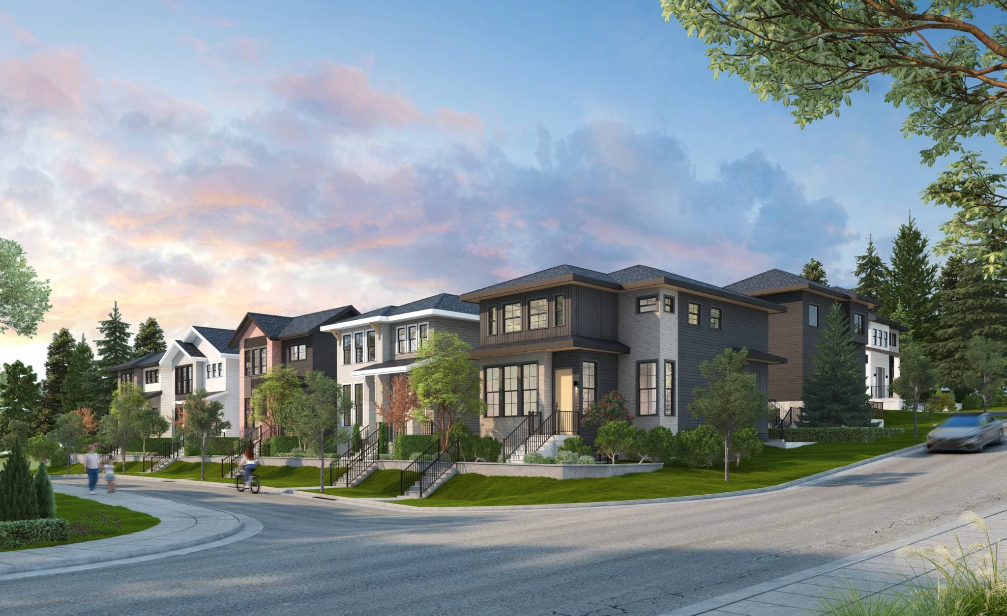 Ebor Plateau – A curved suburban street curves past a row of modern two-story single-family homes with varied siding colors, front porch steps, and landscaped lawns. A cyclist and pedestrians move along the sidewalk beneath a soft twilight sky filled with pastel clouds.