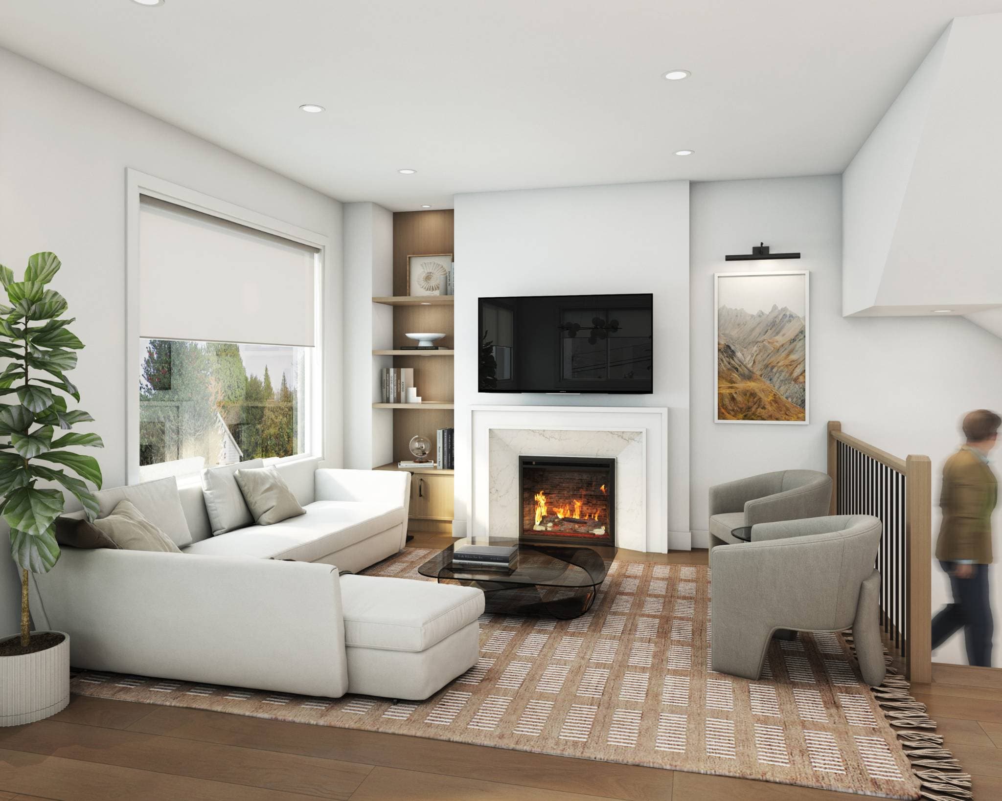 Ebor Plateau – A modern living room featuring a cozy fireplace with a marble mantel, a wall-mounted TV, built-in wooden shelving, and a large sectional sofa facing two armchairs over a patterned rug. Natural light pours through a large window overlooking lush green trees, complementing the warm hardwood floors and neutral-toned decor.