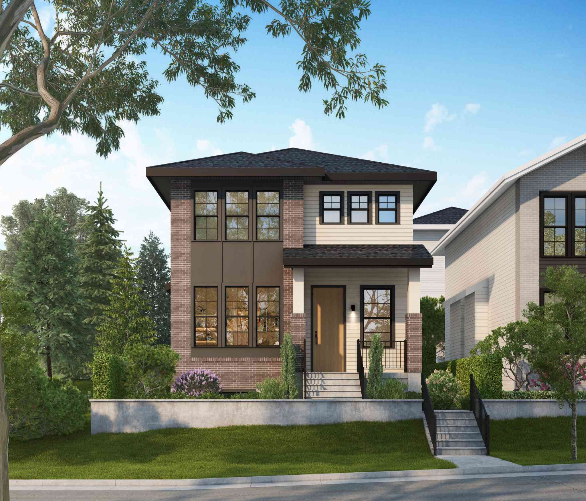 Ebor Plateau – Exterior rendering of a modern two-storey detached home featuring a combination of brown brick and light beige horizontal siding beneath a hip roof. The property is slightly elevated from the street with a low concrete retaining wall, concrete entry steps, and manicured landscaping under a clear daytime sky.