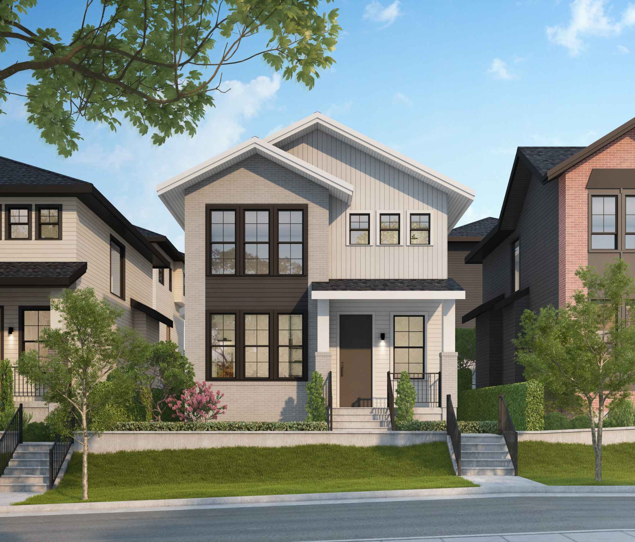 Ebor Plateau – A ground-level rendering of a modern two-storey single-family home featuring light grey brick, white vertical siding, and prominent black-framed grid windows. Concrete steps with black railings lead up from the street through a landscaped lawn, with neighboring homes closely flanking either side under a bright blue sky.