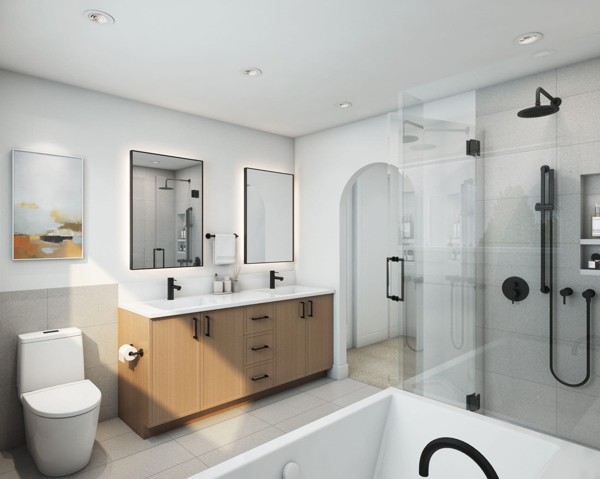 Ebor Plateau – A modern, bright bathroom featuring a light wood double vanity with white countertops, black fixtures, and dual backlit rectangular mirrors. A glass-enclosed walk-in shower with grey tile and matte black hardware sits beside an arched doorway, with the edge of a freestanding soaking tub in the foreground.