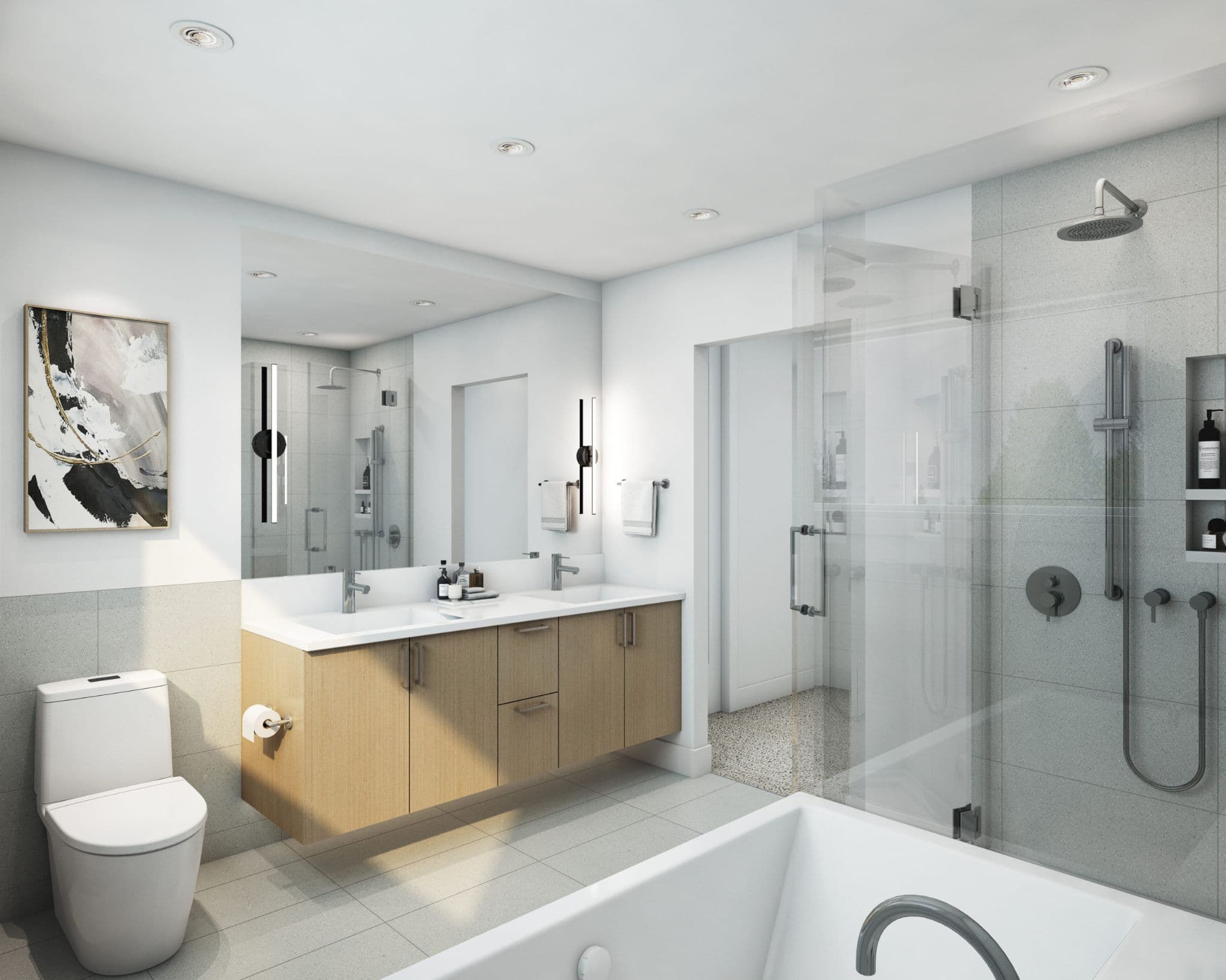 Ebor Plateau – A bright, modern bathroom interior featuring a floating light-wood double vanity with a large frameless mirror and modern wall sconces. In the foreground is a white soaking tub, adjacent to a glass-enclosed walk-in shower finished with gray tile and charcoal-colored fixtures.