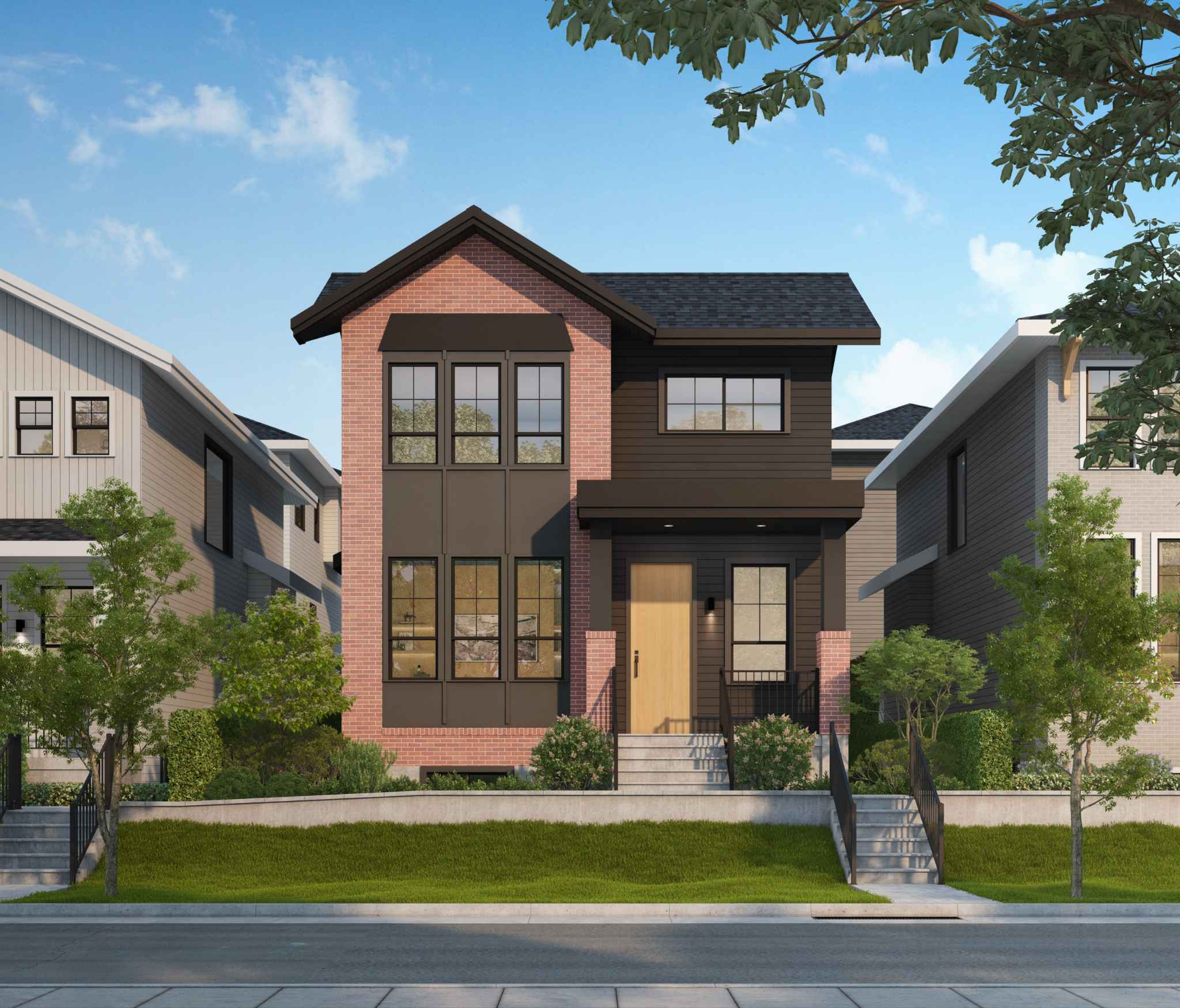 Ebor Plateau – A contemporary two-story single-family home featuring a combination of red brick facade, dark horizontal siding, and large black-framed windows under a sunny blue sky. The front yard is elevated with concrete retaining walls, fresh green lawn, manicured shrubs, and a short flight of stairs leading to a light wood front door.