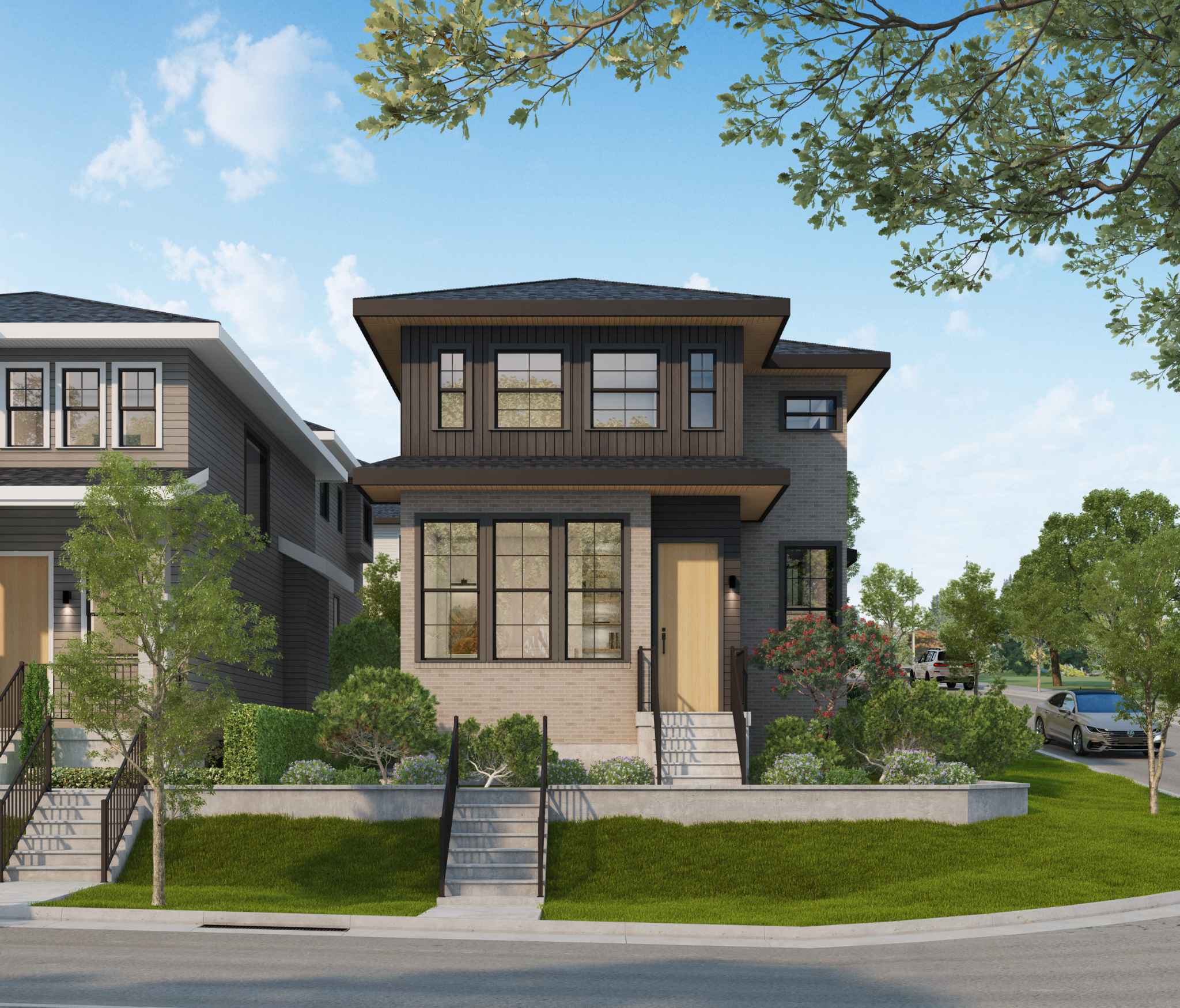 Ebor Plateau – A modern two-story single-family home featuring a mix of light-gray brick, dark vertical siding, and a wooden front door on a sunny day. Concrete steps lead up from the street through a tiered, manicured lawn with shrubs and small trees.