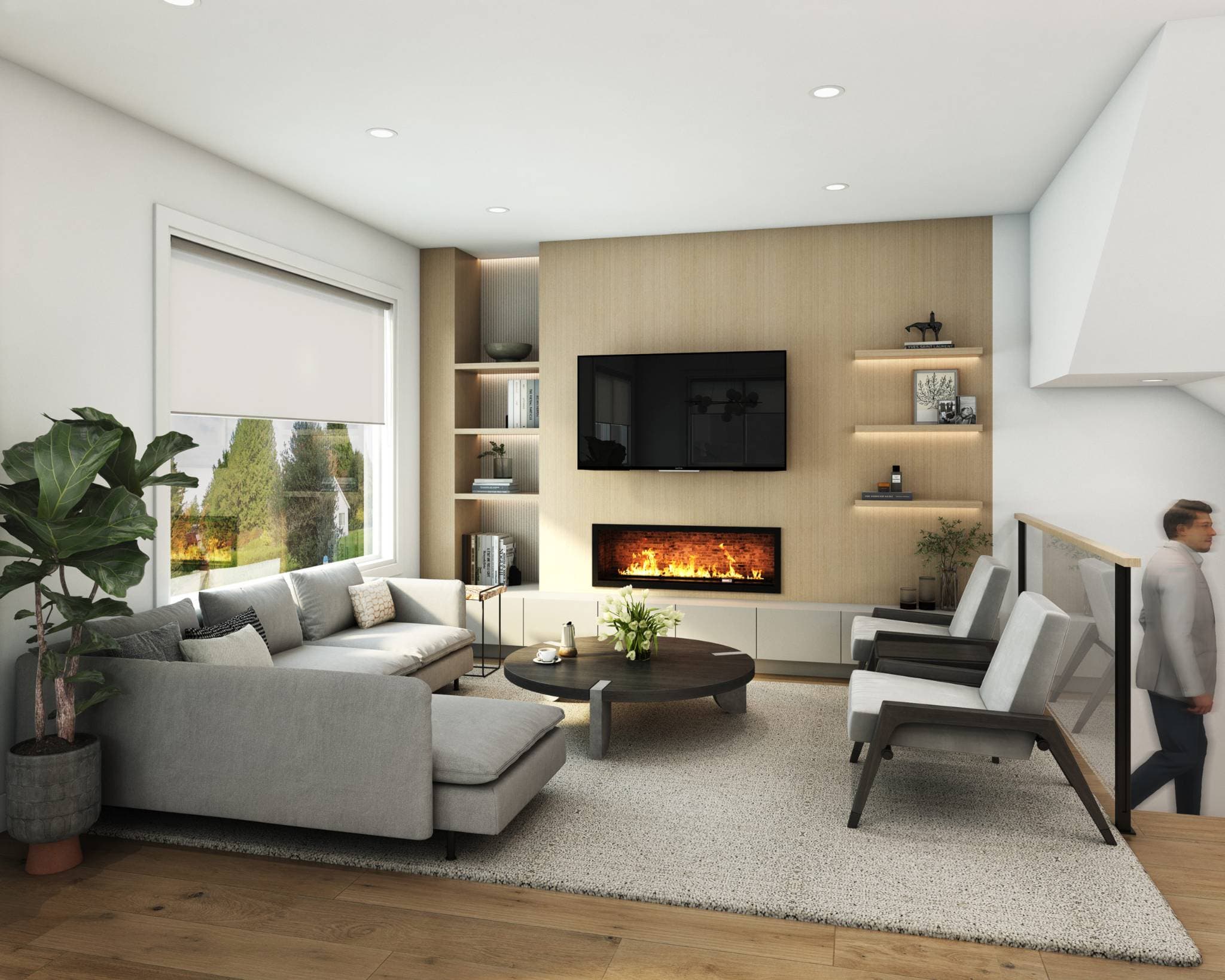 Ebor Plateau – A modern living room featuring a light wood feature wall with a wall-mounted TV, built-in shelves, and a ribbon fireplace. The space is furnished with a grey sectional sofa, two accent armchairs, a round dark wood coffee table, and a large window looking out onto greenery.