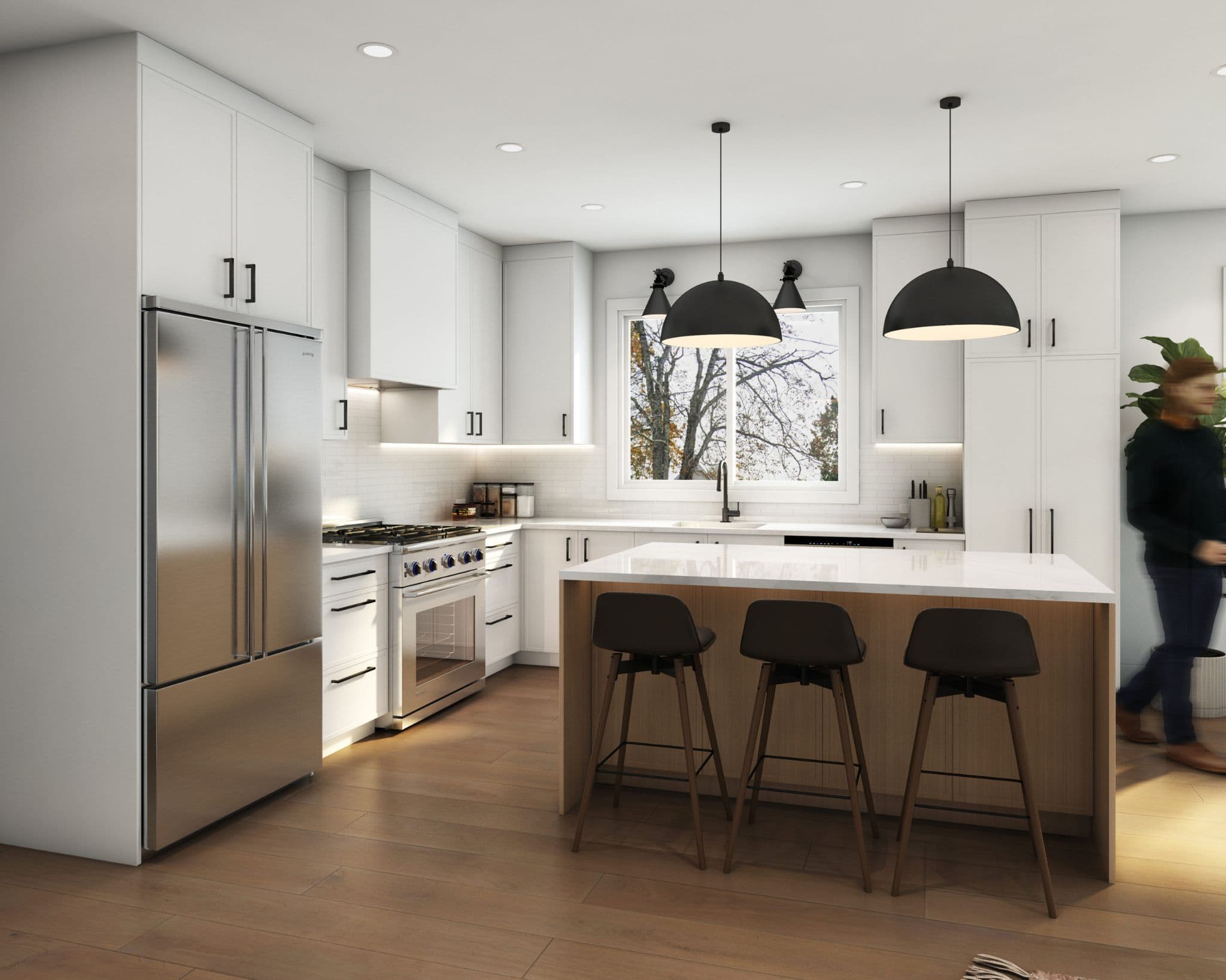 Ebor Plateau – A modern, bright kitchen featuring white shaker-style cabinetry, stainless steel appliances, and a central wood-base island with a white countertop and three black barstools. Two large dome pendant lights hang above the island, complementing medium-toned hardwood flooring and a window looking out onto bare trees.