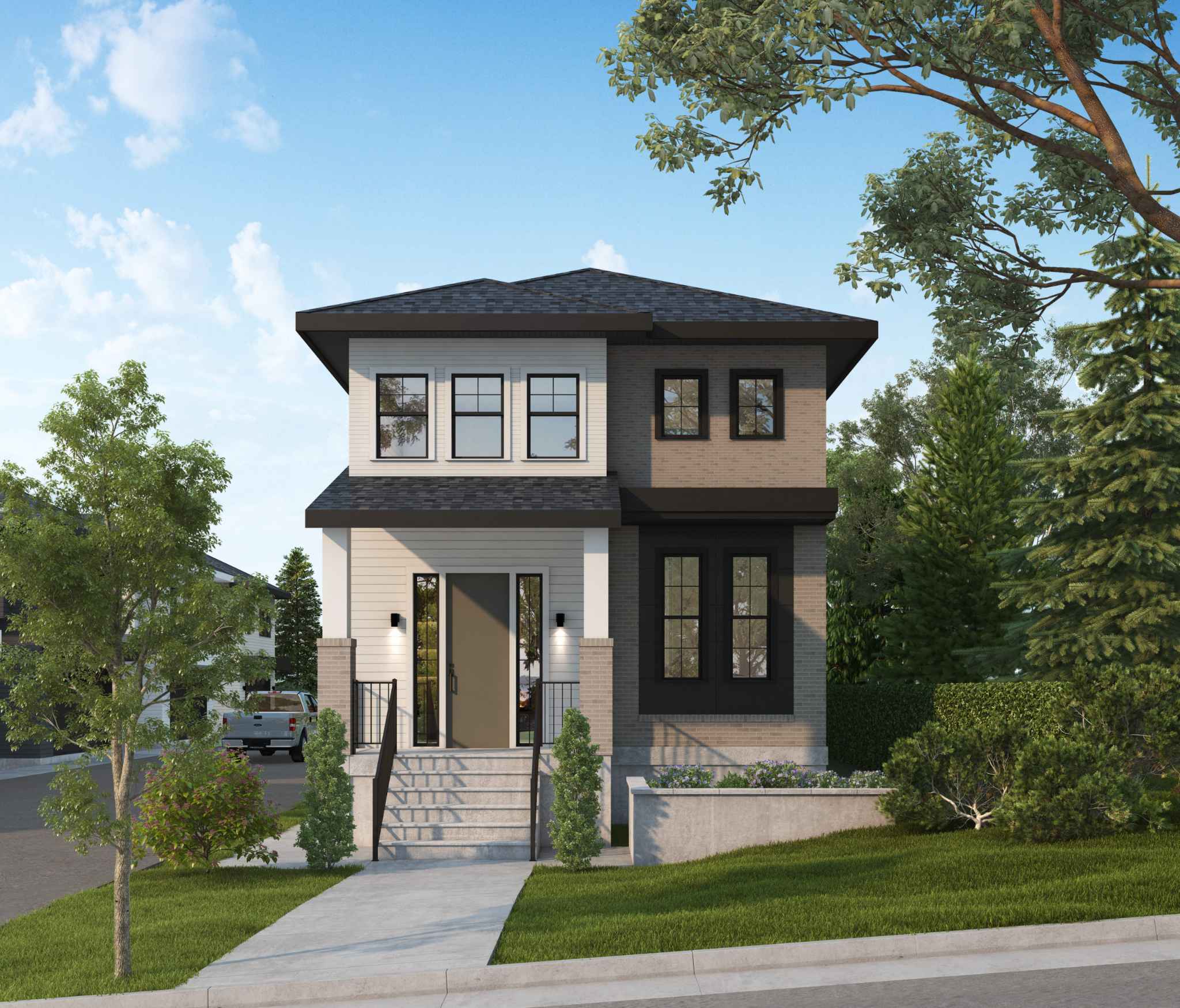 Ebor Plateau – A contemporary two-storey single-family home features a mixed facade of light siding and grey brick, complemented by dark window trims and a dark shingled roof. A concrete pathway leads up a short flight of front steps past landscaped green lawns, small shrubs, and mature trees under a clear blue sky.