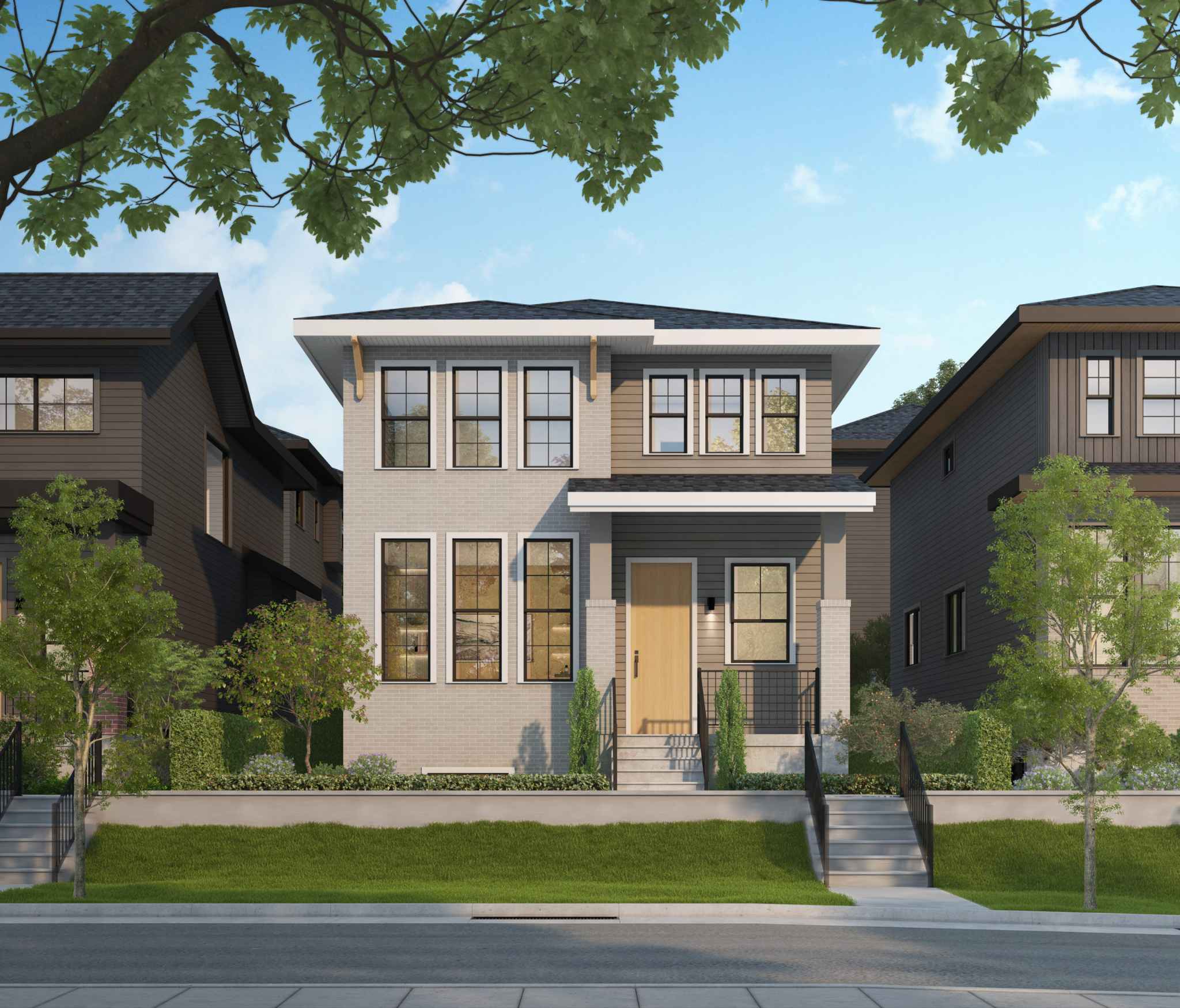 Ebor Plateau – A modern two-storey single-family detached home featuring light grey brick and horizontal siding, tall gridded windows, and a warm wood front door with a covered entry porch. The home sits elevated on a manicured streetscape with front steps, low retaining walls, green lawns, and young trees under a bright blue sky.
