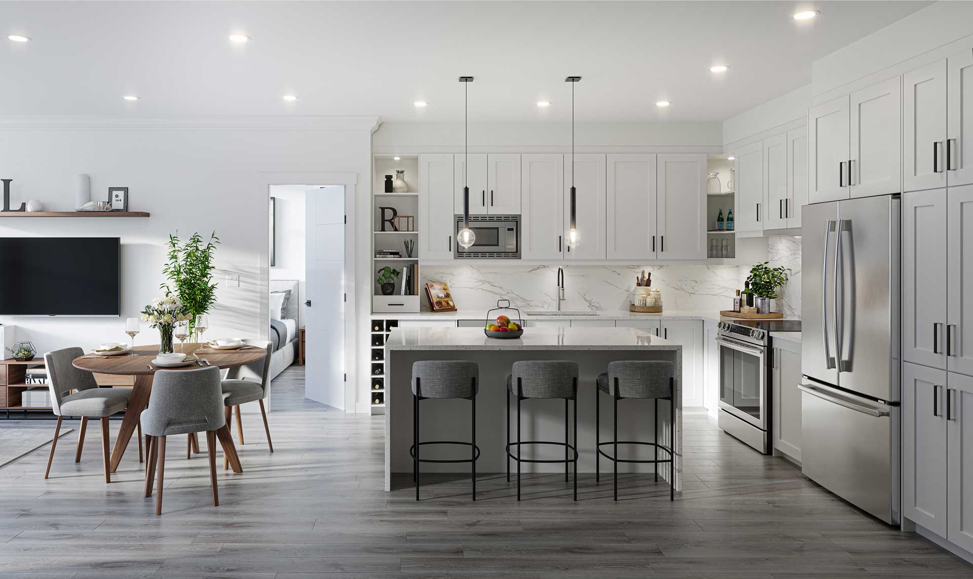 Inspire – Open-concept kitchen with white cabinetry, marble backsplash, stainless steel appliances, and a large island with grey barstools, opening to a dining table and living room.