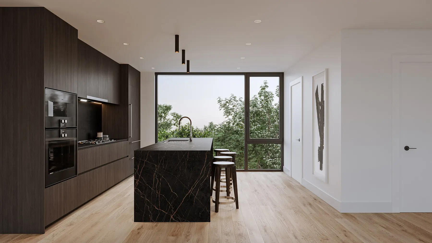 Ash 28 Condos – Rendering of a kitchen with dark wood cabinetry, a black marble island with bar stools, and a glass door opening to a treed view.