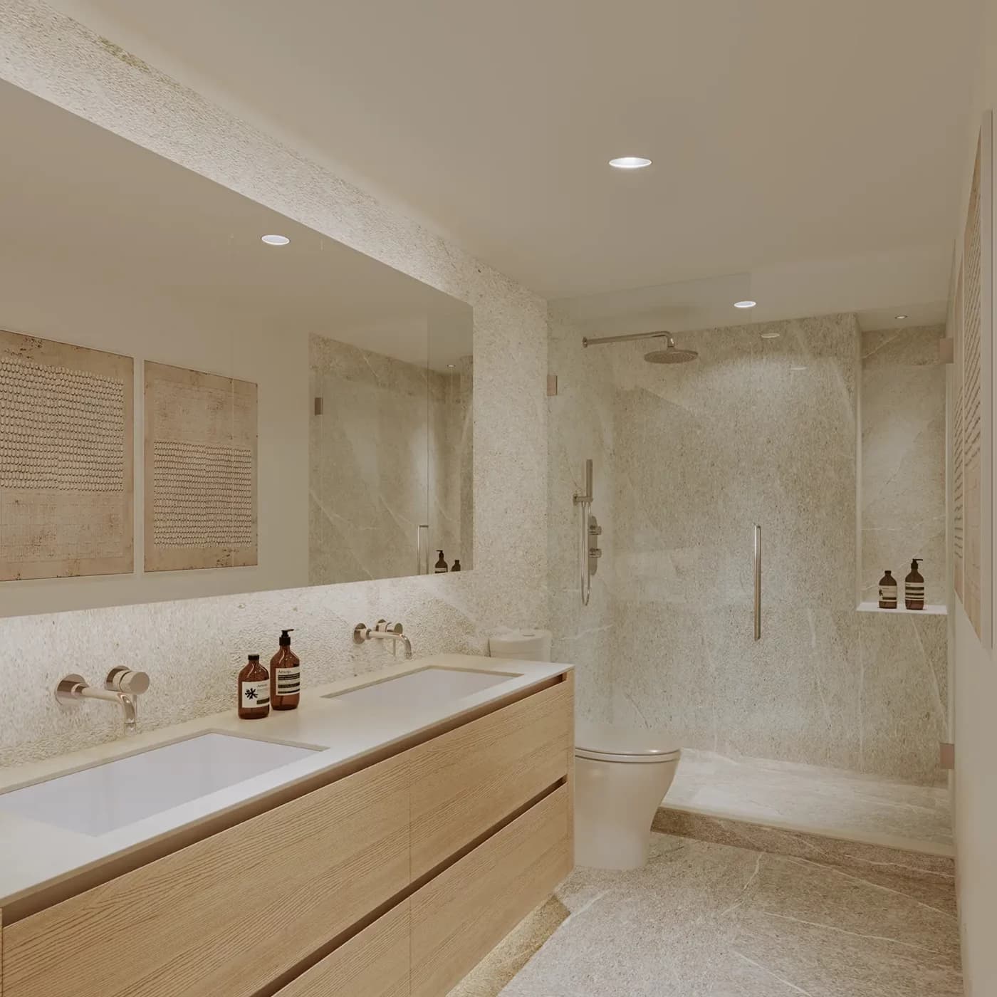 Ash 28 Condos – Rendering of a spa-style bathroom with double vanity, large mirror, and a stone-tiled walk-in shower.