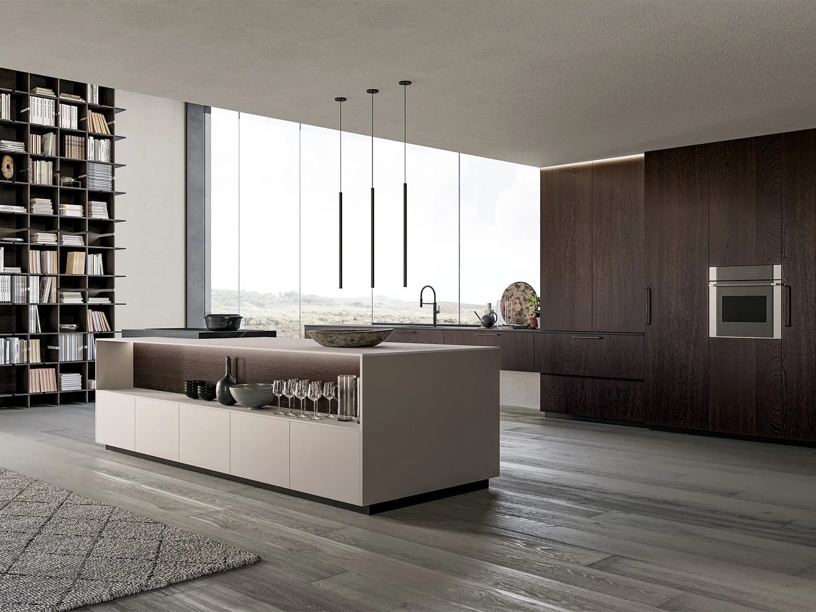 Ash 28 Condos – Rendering of a modern kitchen with a light island featuring open shelving, dark wood cabinetry, floor-to-ceiling windows, and a built-in bookshelf.