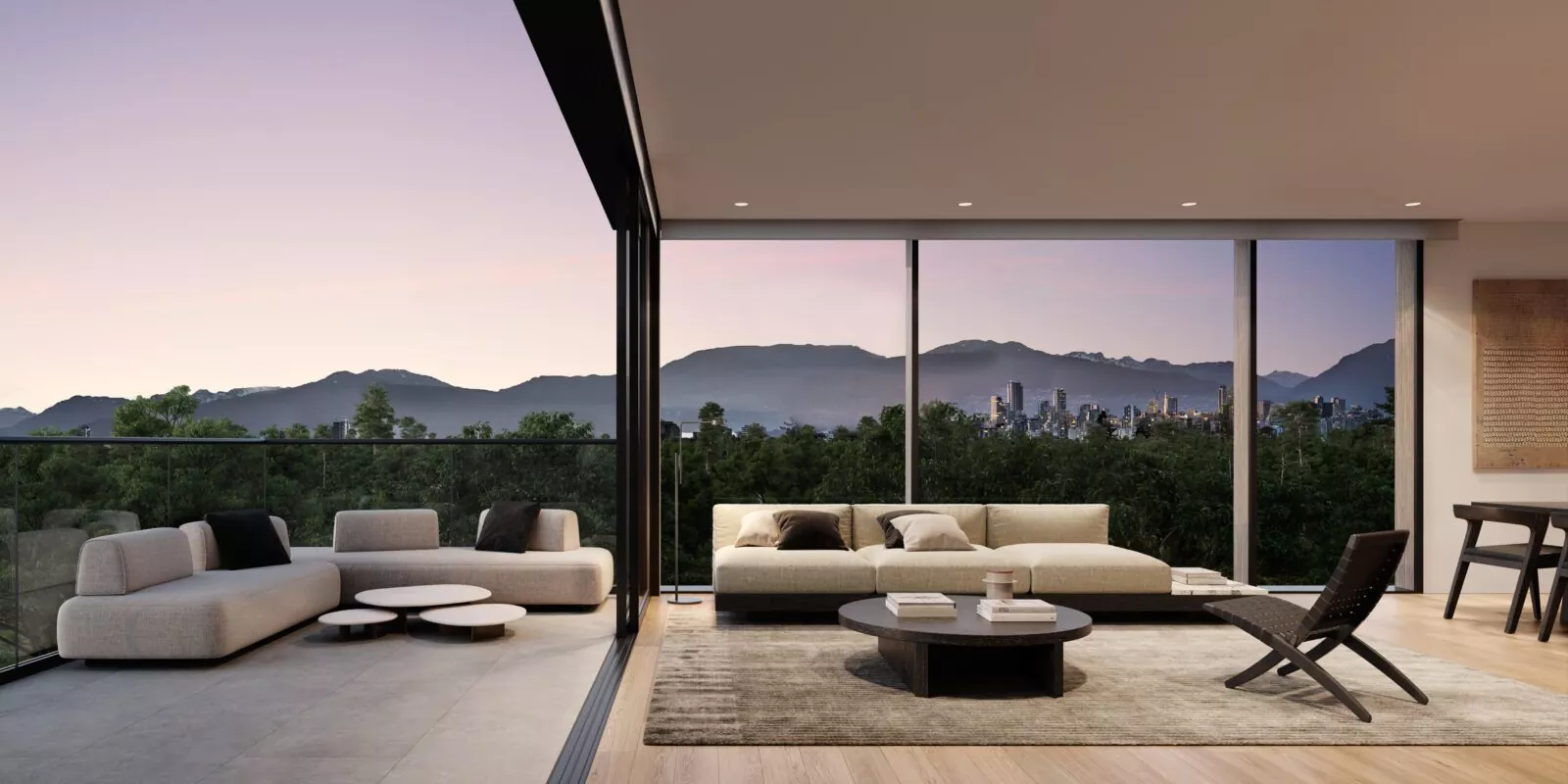 Ash 28 Condos – Rendering of a living room and balcony at dusk overlooking treetops with a distant city skyline and mountains.