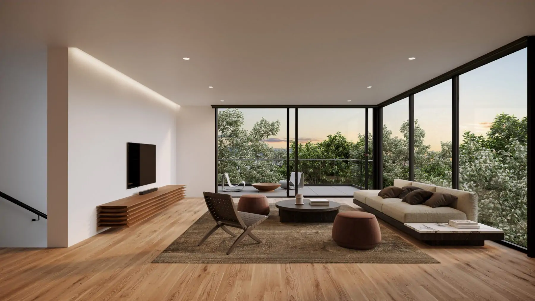Ash 28 Condos – Rendering of a living room with a wall-mounted TV, wood floating console, and a corner balcony with sunset and treetop views.
