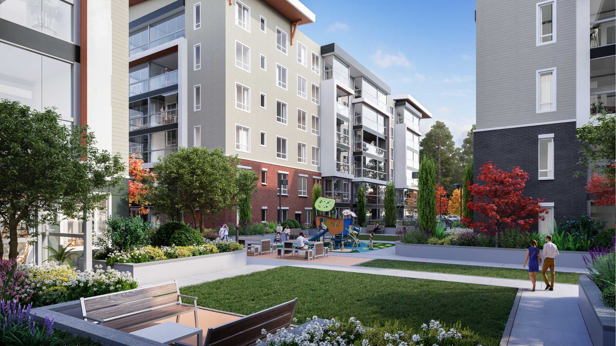 Aria 2 – Rendering of a landscaped courtyard between residential buildings with a children's playground, benches, and picnic tables.