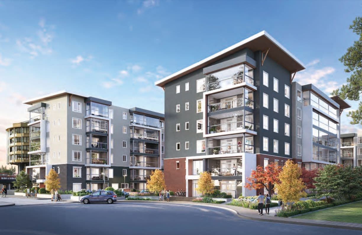 Aria 2 – Street-level rendering at dusk of the multi-building residential complex with balconies, ground-floor units, and landscaping.