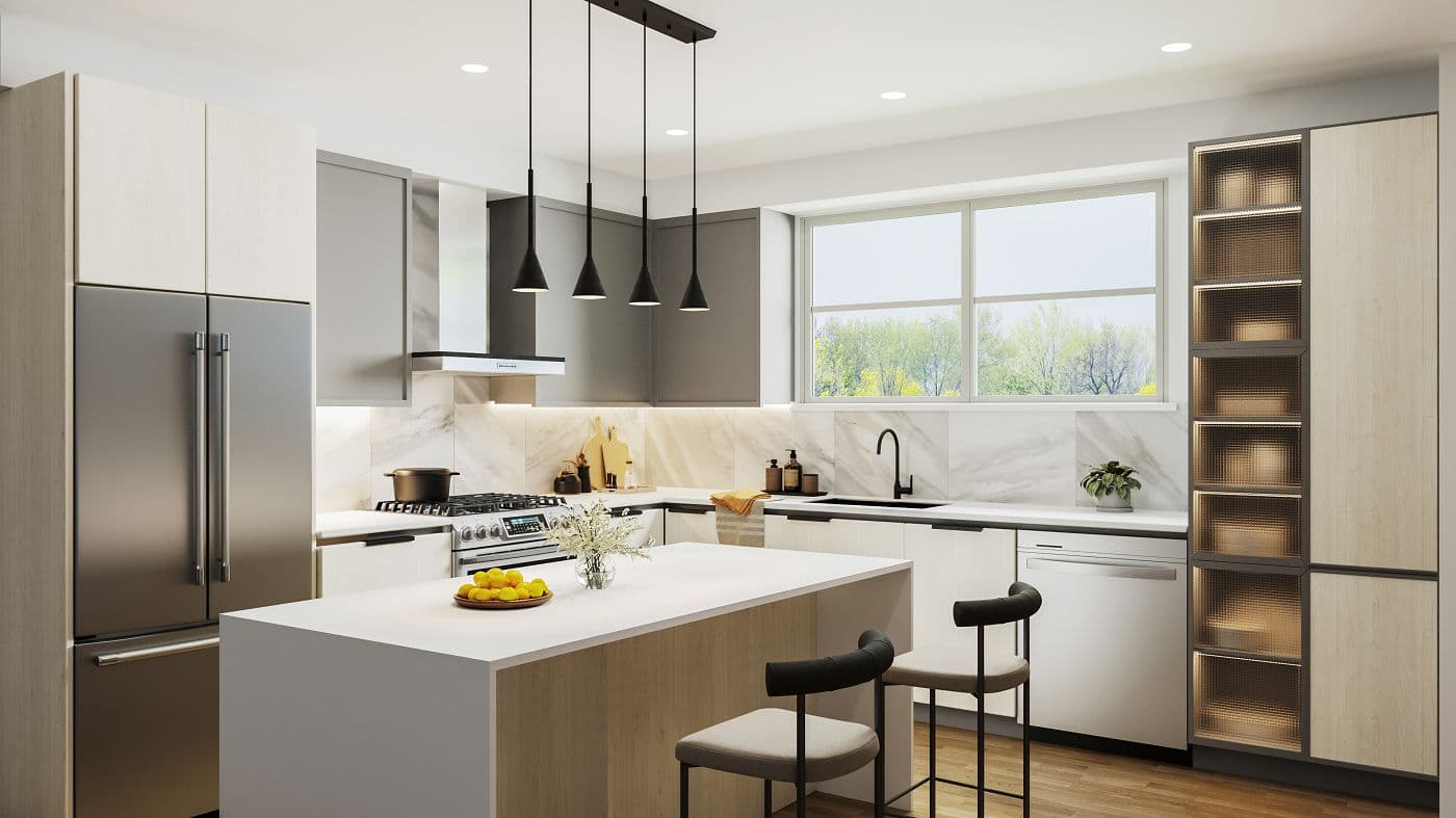 Elwynn Green – Kitchen rendering in a lighter finish option, with pale wood cabinetry, grey upper cabinets, marble backsplash, and a matching island.