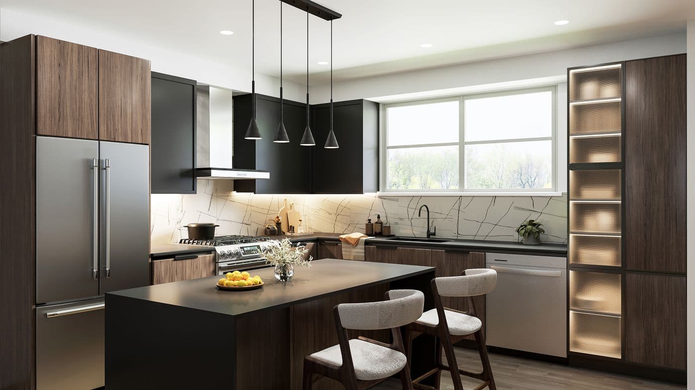 Elwynn Green – Kitchen rendering with dark wood-toned cabinetry, black island with wood barstools, marble backsplash, and a stainless fridge.