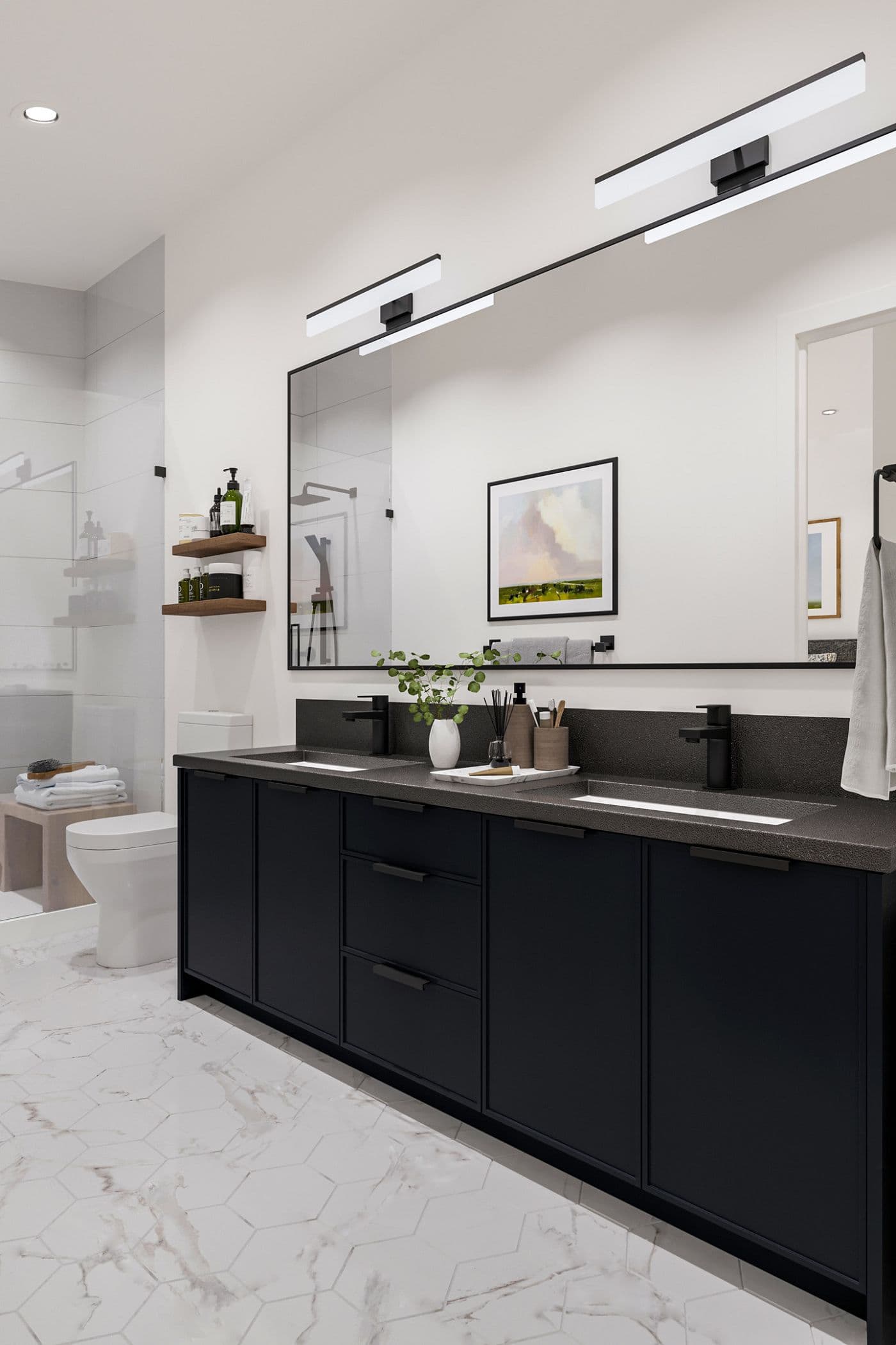 Elwynn Green – Bathroom rendering with a black double vanity, large mirror with linear lights, a framed landscape print, and a glass shower with wood shelving.